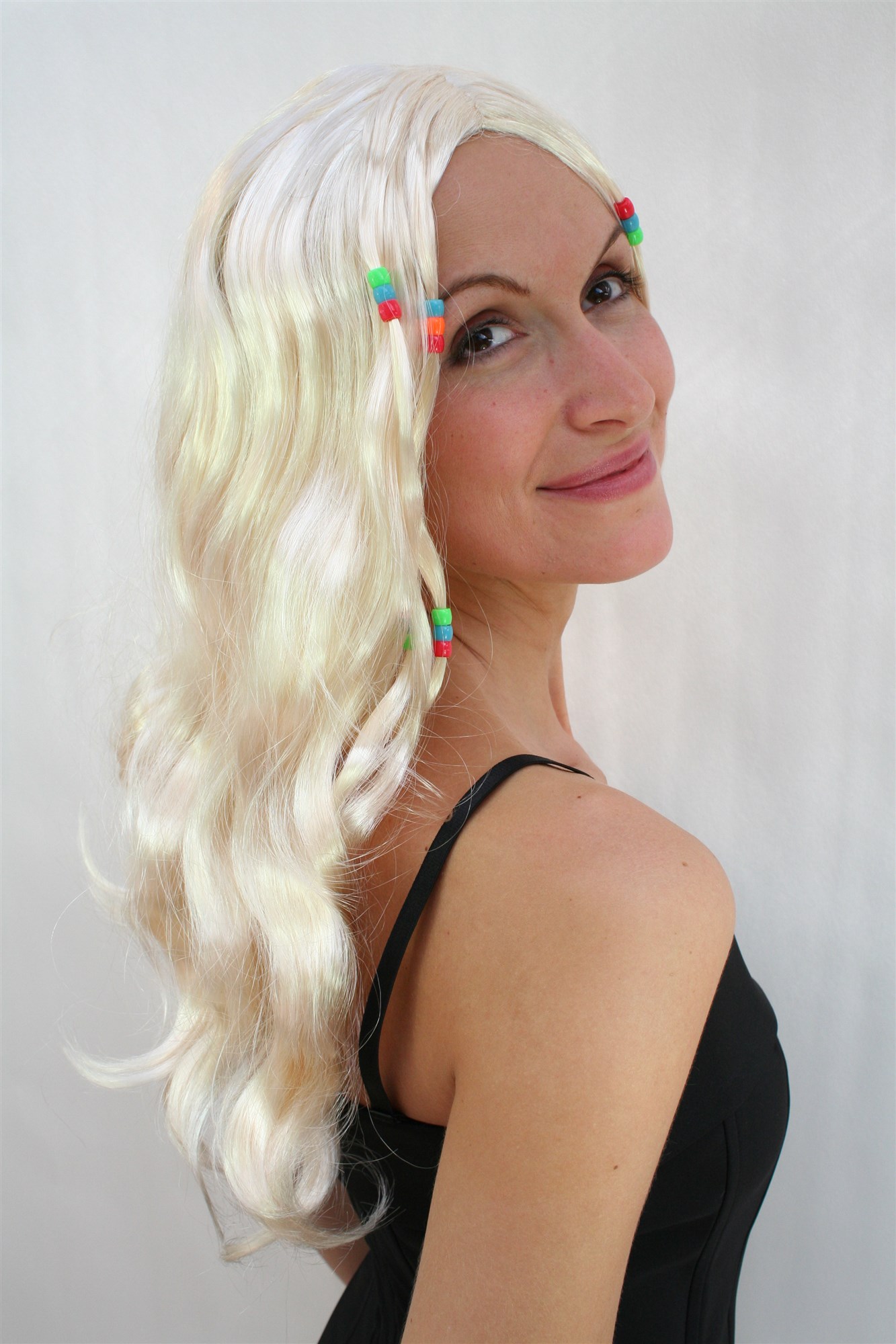 Party/Fancy Dress Wig with pearls HIPPIE flower child beatnik 70ies LONG WHITE BLOND MIDDLE PARTING, view 2, WIG ME UP: Your Perücken Online Shop Party Wig, Unisex, Blonde, wavy, shoulder-length