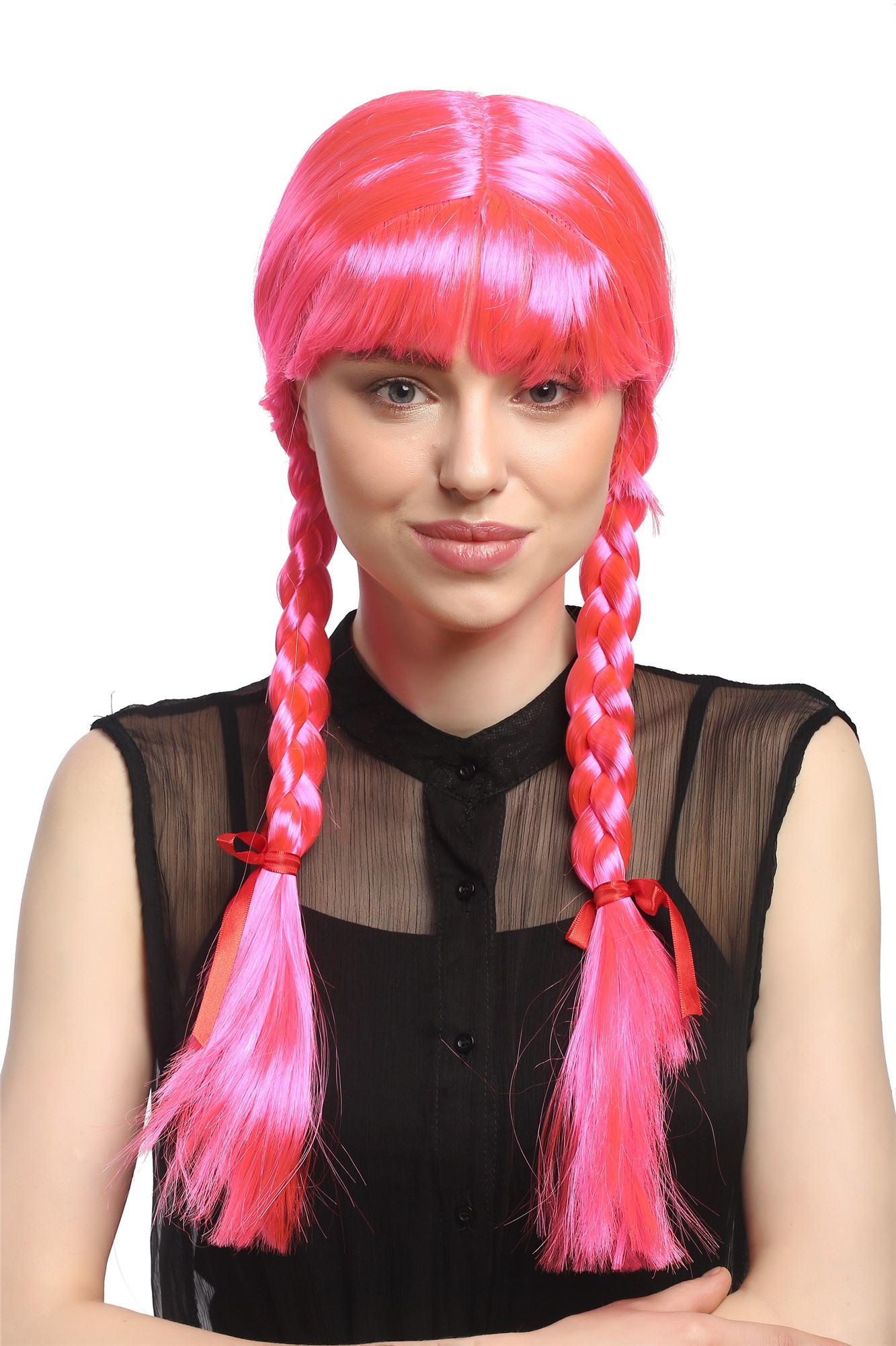 Lady Wig Halloween Lolita schoolgirl long braided plaits fringe pink XR-008, front view, WIG ME UP: Your Perücken Online Shop Party Wig, Ladies, Pink, Braided, long