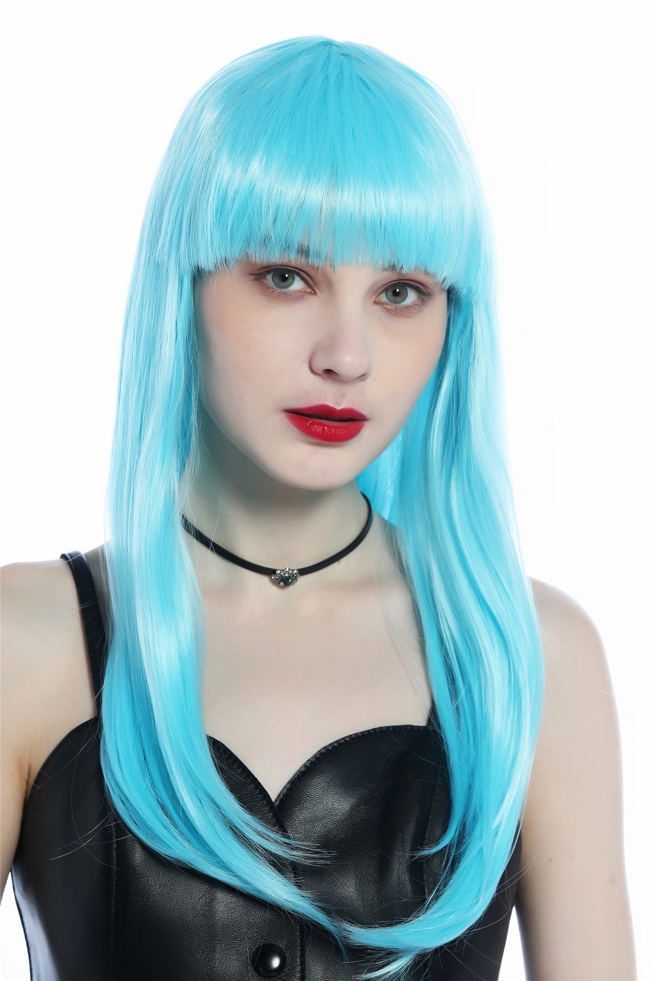 Wig Lady Women Halloween long smooth sleek bangs light blue disco CW-053, front view, WIG ME UP: Your Perücken Online Shop Party Wig, Ladies, baby blue, straight, long