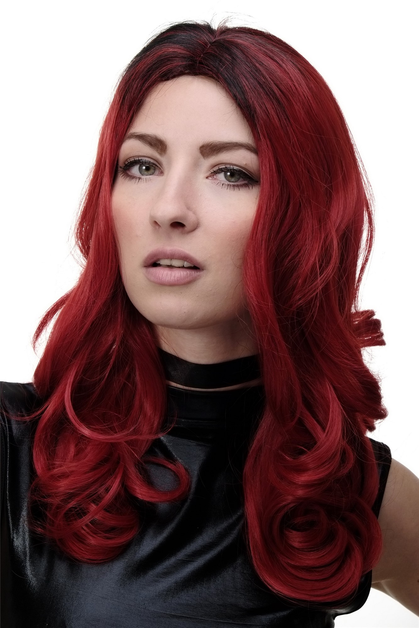 hochwertige Qualitätsperücken, Perücke Rot Mix Ombre lang GFW1832-RED-M130M, Vorderansicht, WIG ME UP: Ihr Perücken Online Shop lockige Tressen-Perücke mit Kopfhaut-Imitat Rot-Mix lange Haare für Damen