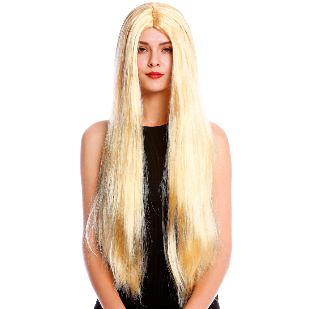 Goldblonde sehr lange Damenperücke mit Mittelscheitel und glatten Haaren