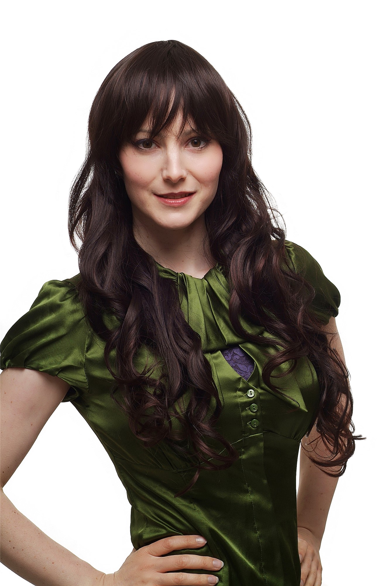 hochwertige Qualitätsperücken, Perücke Scheitel Locken Braun gesträhnt lang 3432-2T33, Vorderansicht, WIG ME UP: Ihr Perücken Online Shop lockige Tressen-Perücke mit Kopfhaut-Imitat Schwarzbraun-Mahagonibraun lange Haare für Damen