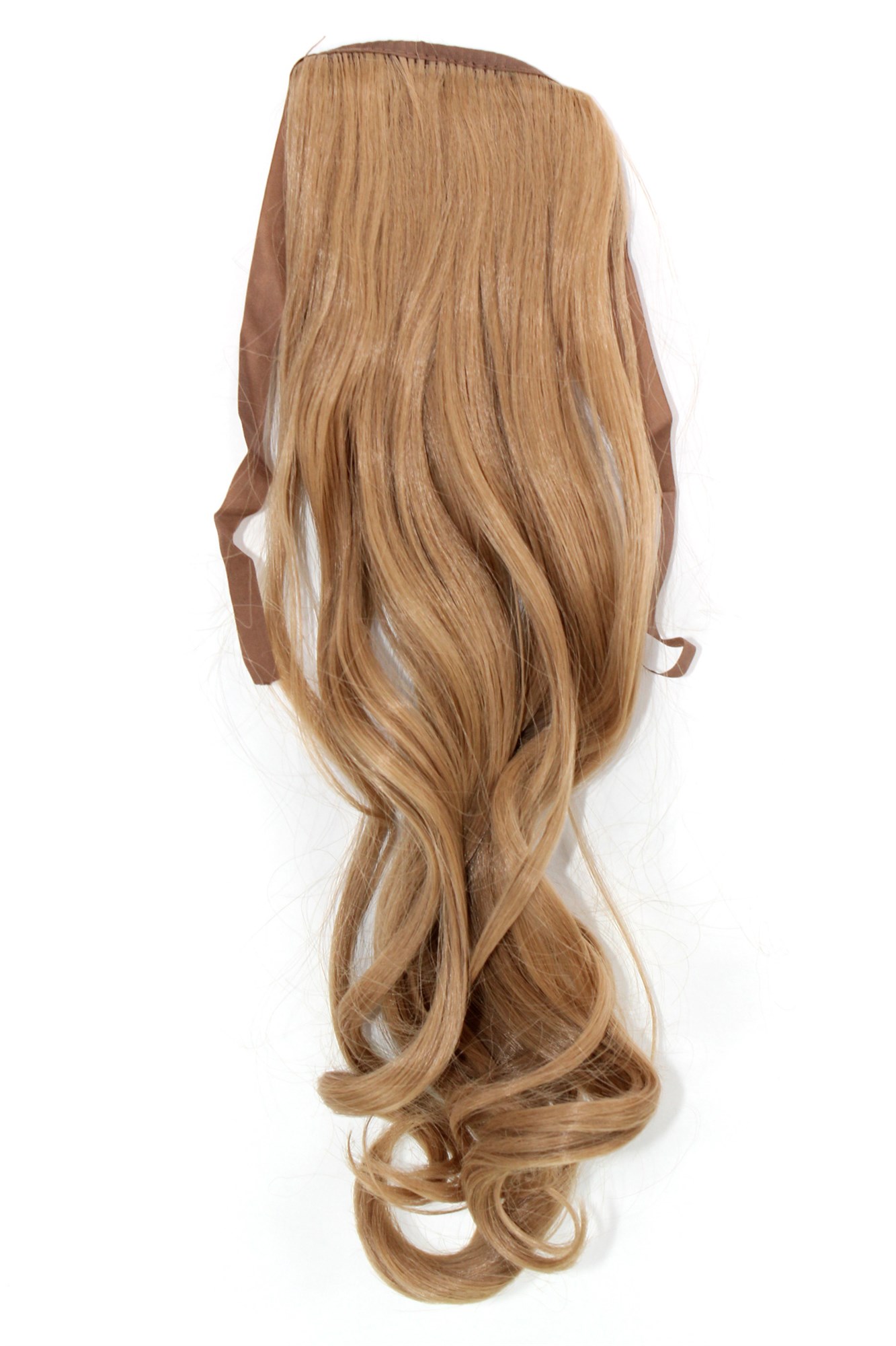 YZF-TC18-18 Hairpiece Pontail Pigtail extension slim light wavy comb and ribbon dark blond 18", front view, WIG ME UP: Your Perücken Online Shop Ponytails, Blonde, wavy, shoulder-length
