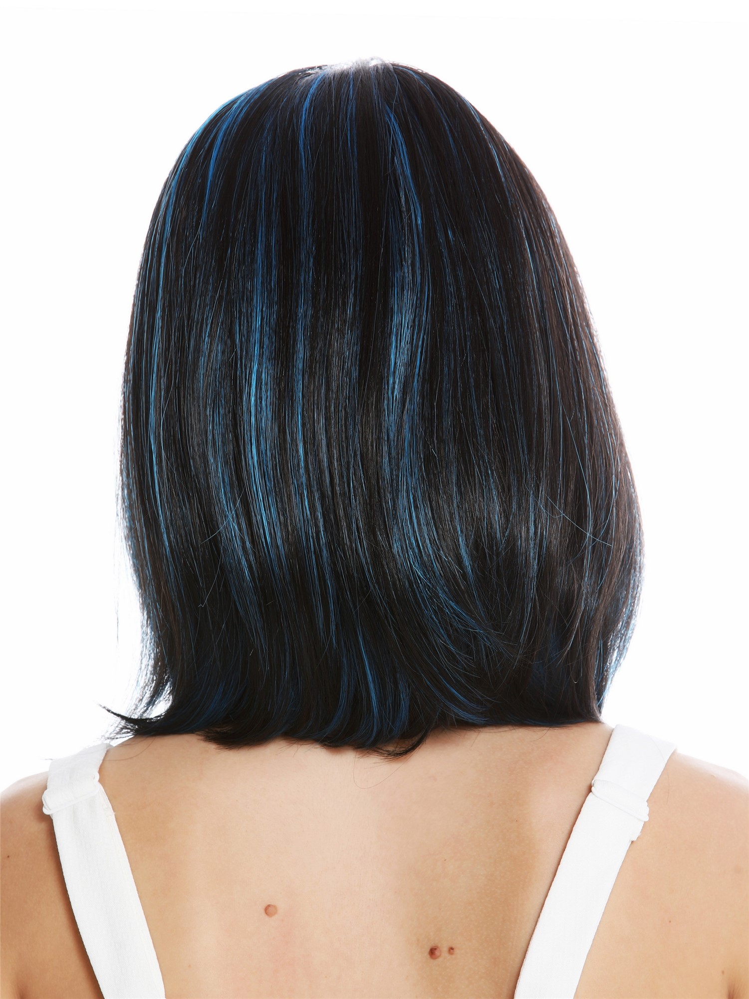 hochwertige Qualitätsperücken, Perücke schulterlang Longbob Balayage schwarz-braun blaue Strähnen VK-3-2HF21, Ansicht 4, WIG ME UP: Ihr Perücken Online Shop glatte Tressen-Perücke mit Kopfhaut-Imitat Schwarz-Blau-Mix schulterlange Haare für Damen