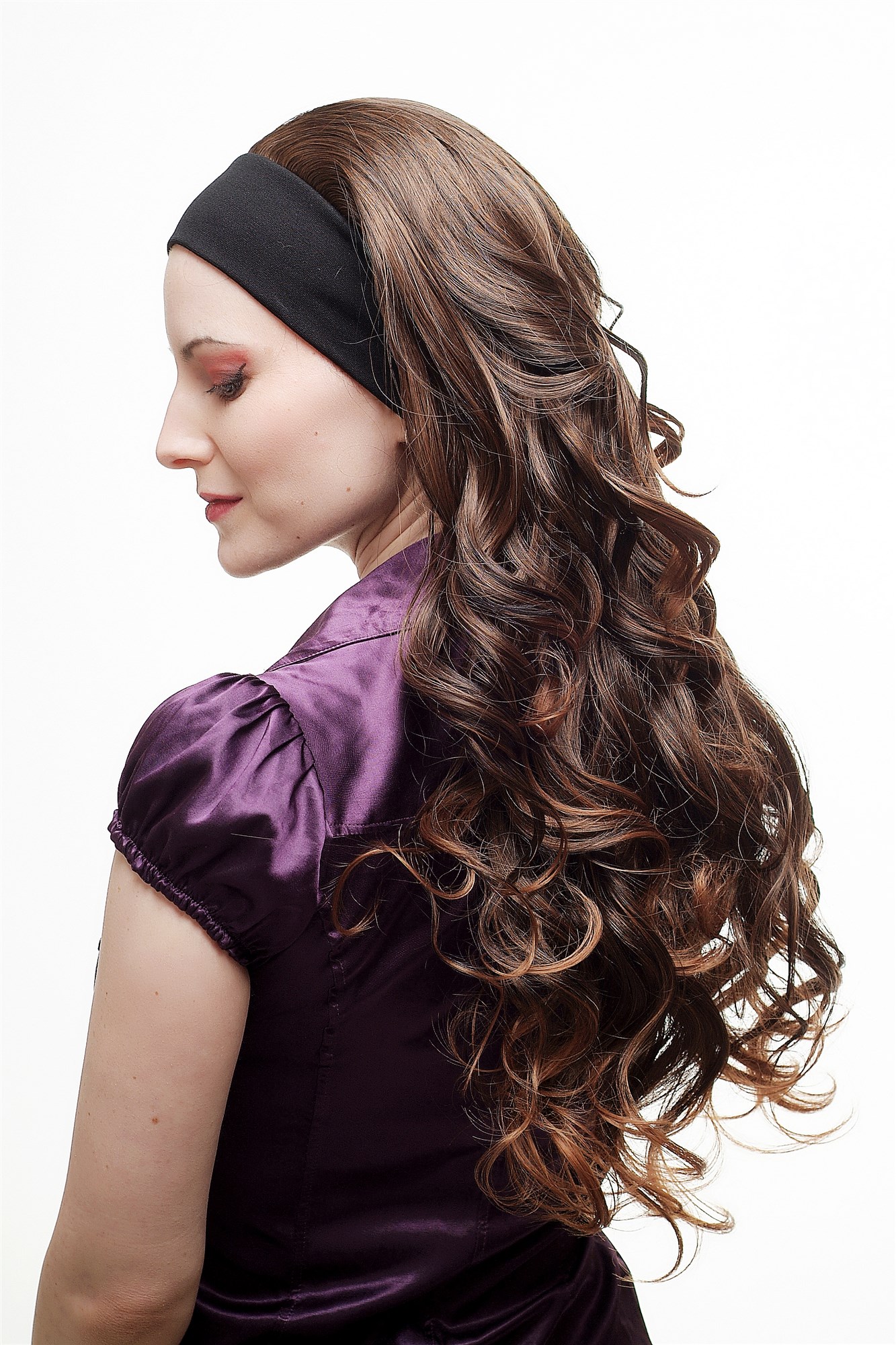 Lady  Wig on elastic black headband very long curling chestnut brown mix strands 25", view 4, WIG ME UP: Your Perücken Online Shop Quality Wigs, Ladies, Brown, curled, long