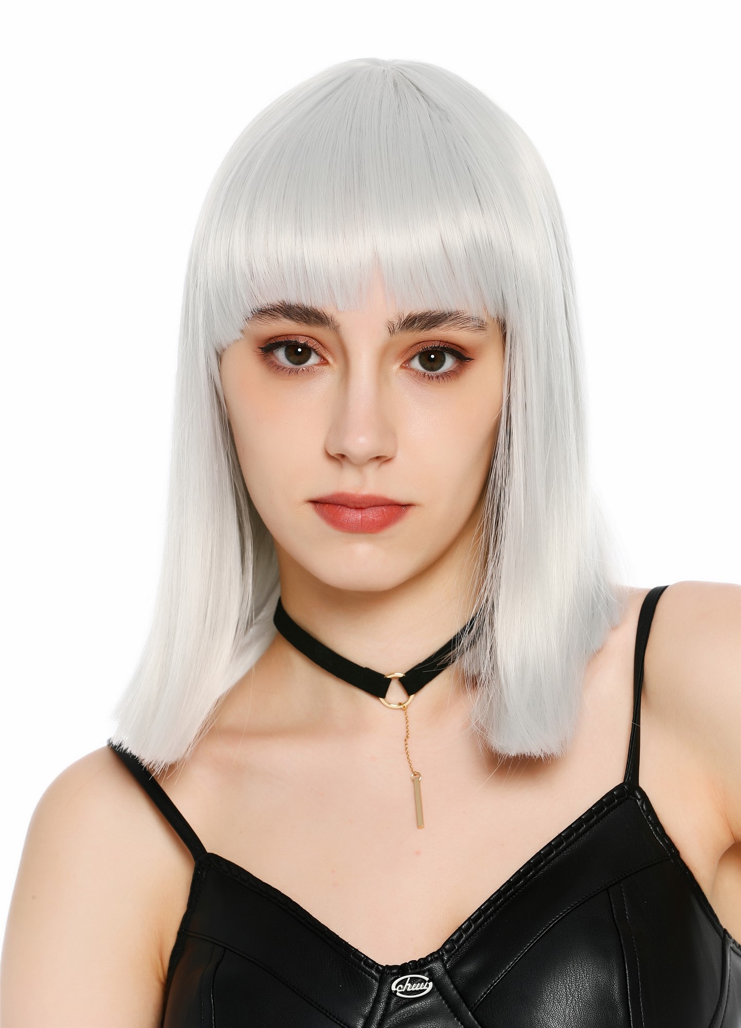 Damenperücke schulterlang blunt cut glatt breiter Pony Disco Grau Hellgrau SZL1498-DHTSilvergrey