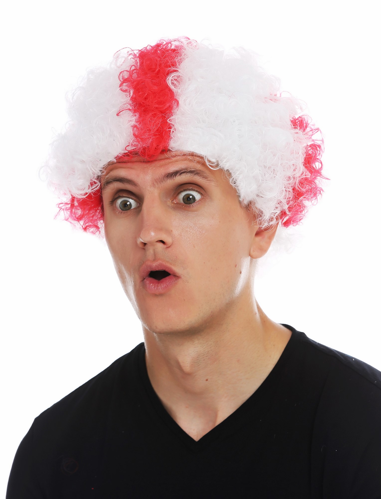 günstige Party Perücke, Perücke Fan Afro England Rotes Kreuz auf Weiß MMAM-15M-K06+K120B, Ansicht 3, WIG ME UP: Ihr Perücken Online Shop lockige Party Perücke Rot-Weiß-Mix kurze Haare Unisex