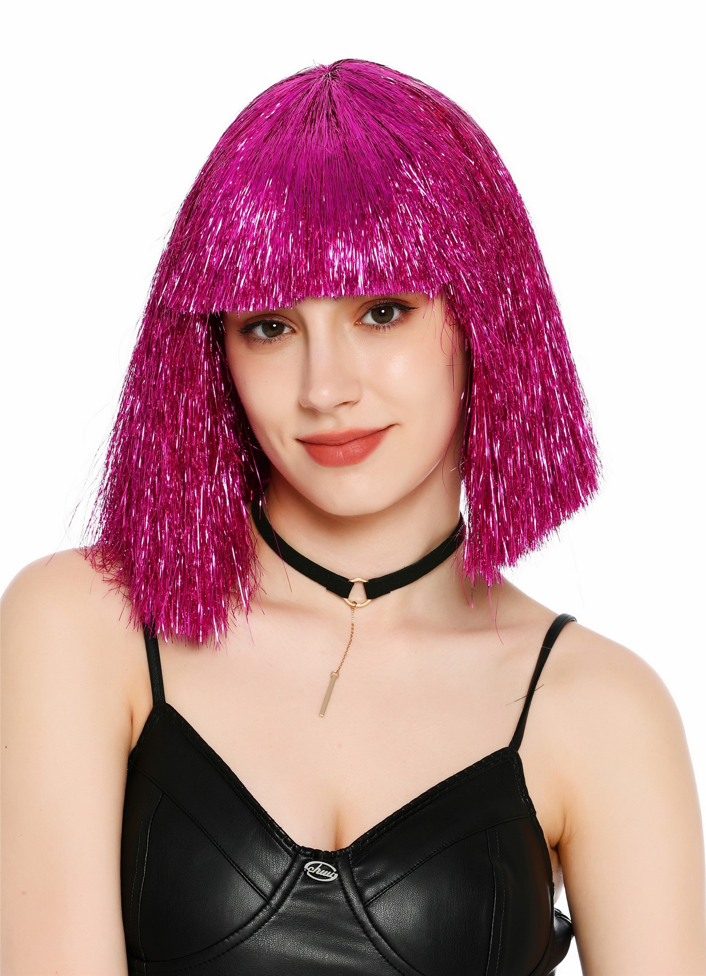 Perücke Damen Glitzer Lametta Tinsel Look Longbob Pony Disco Glam Pink Rosa VK-42-TN17