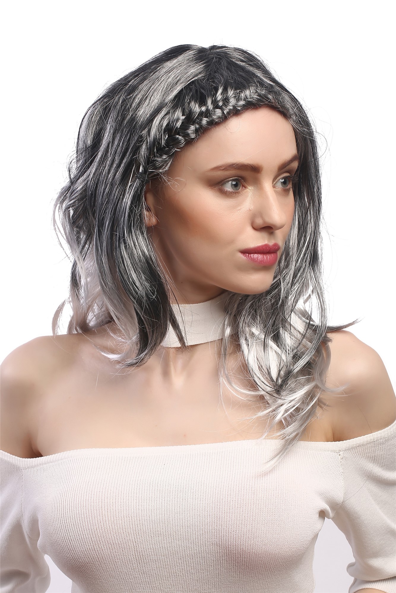 günstige Party Perücke, Perücke Geflochten Ombre Schwarz Grau DEC151-P103T309, Vorderansicht, WIG ME UP: Ihr Perücken Online Shop geflochtene Party Perücke Grau lange Haare für Damen