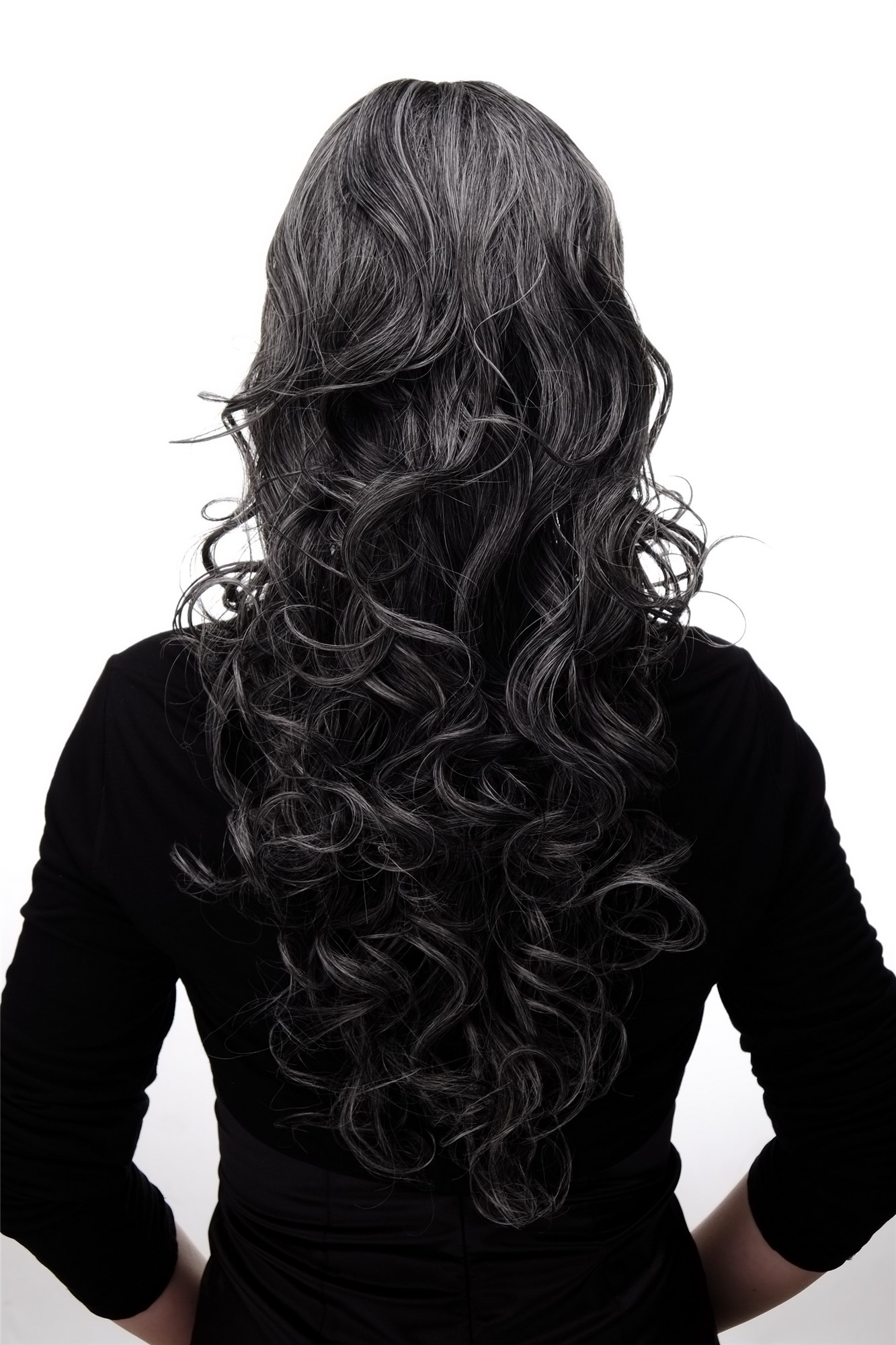 M-103-44 Lady  Wig very long curly curled slightly stringy wetlook fringe dark grey 23" inch, view 4, WIG ME UP: Your Perücken Online Shop Quality Wigs, Ladies, dark brown-gray mix, curled, long