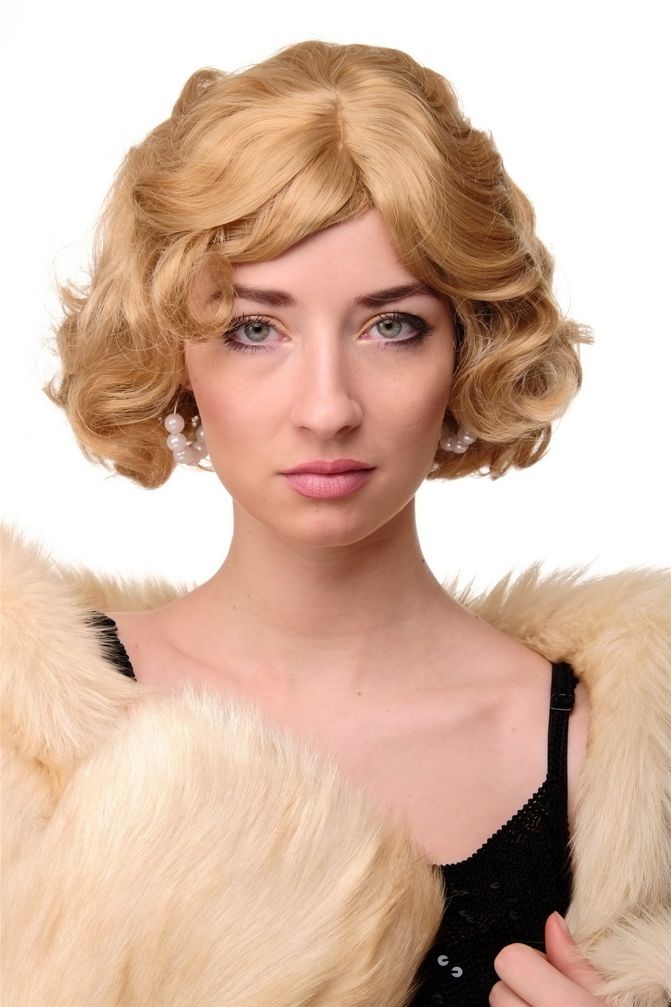 hochwertige Qualitätsperücken, Damen Perücke 20er Jahre Wasserwelle Blond-Mix Modell: A4002, Vorderansicht, WIG ME UP: Ihr Perücken Online Shop wellige Tressen-Perücke mit Kopfhaut-Imitat Blond-Mix kurze Haare für Damen