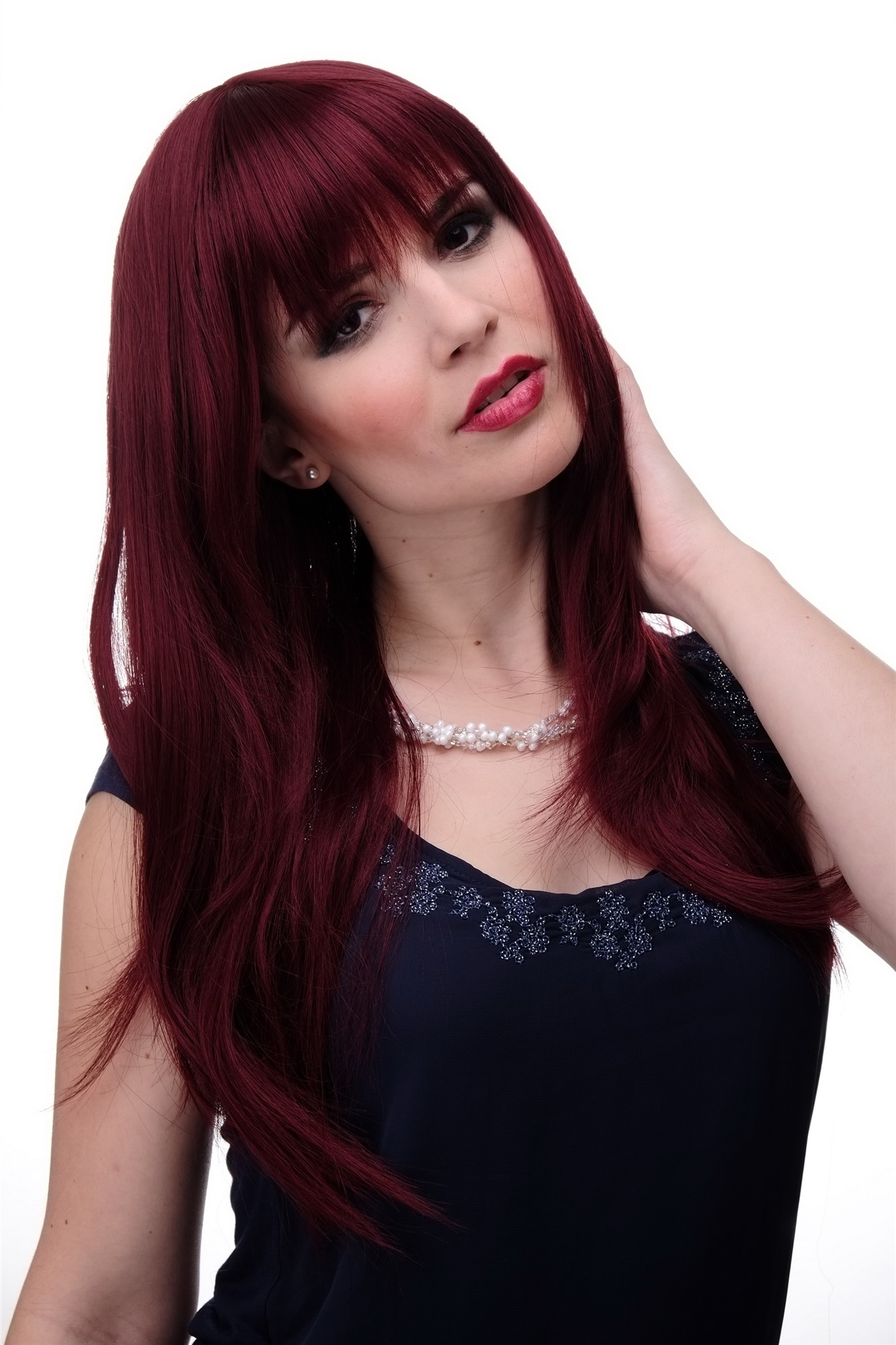 Lady women wig medium long straight sleek fringe bangs garnet aubergine red 3280, front view, WIG ME UP: Your Perücken Online Shop Quality Wigs, Ladies, garnet red, straight, long