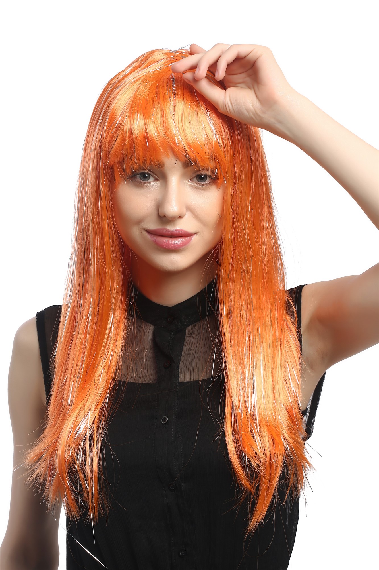XR-003-PC24 Lady Party Wig Halloween long straight bangs streaked with silver tinsel strands orange, front view, WIG ME UP: Your Perücken Online Shop Party Wig, Ladies, neon orange, straight, long