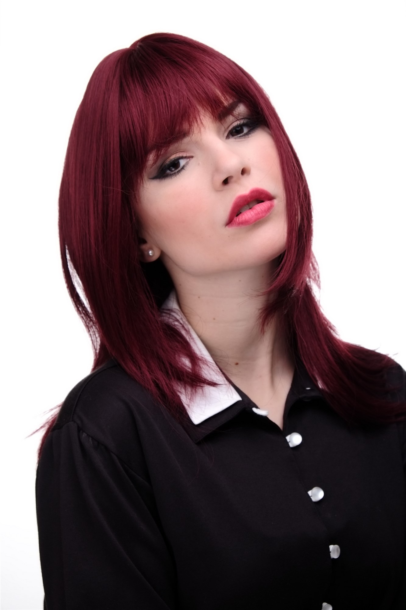 hochwertige Qualitätsperücken, Frauen Perücke schulterlang glatt gestufte Haare Rot Granatrot 3003-39, Vorderansicht, WIG ME UP: Ihr Perücken Online Shop glatte Tressen-Perücke mit Kopfhaut-Imitat Granatrot lange Haare für Damen