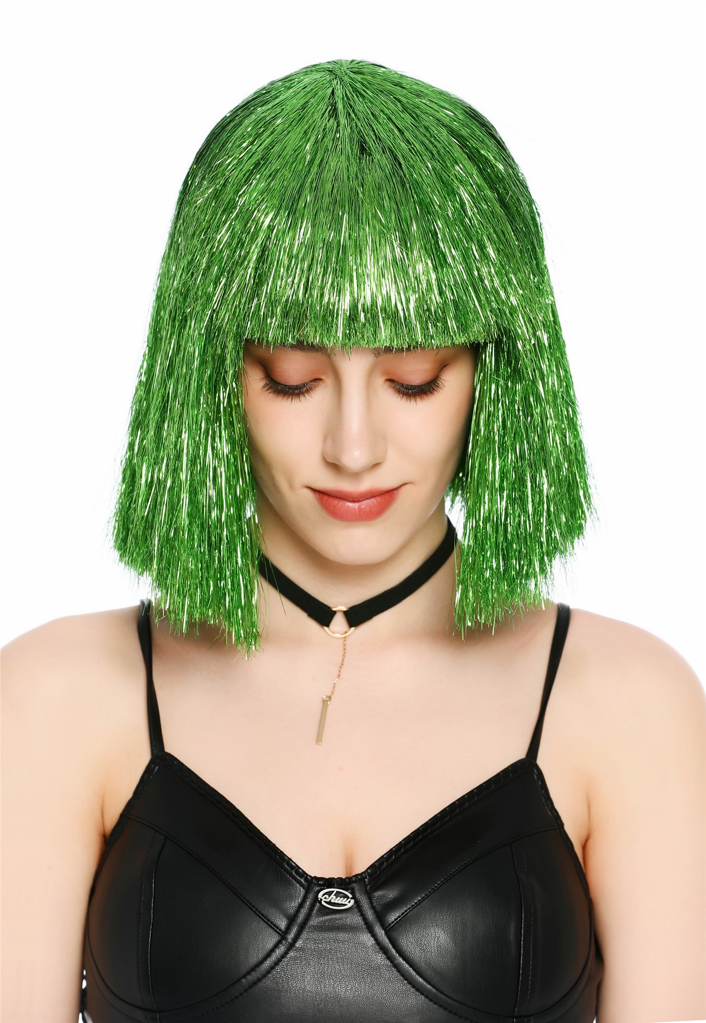 Perücke Damen Glitzer Lametta Tinsel Look Longbob Pony Disco Glam Grün VK-42-TN11