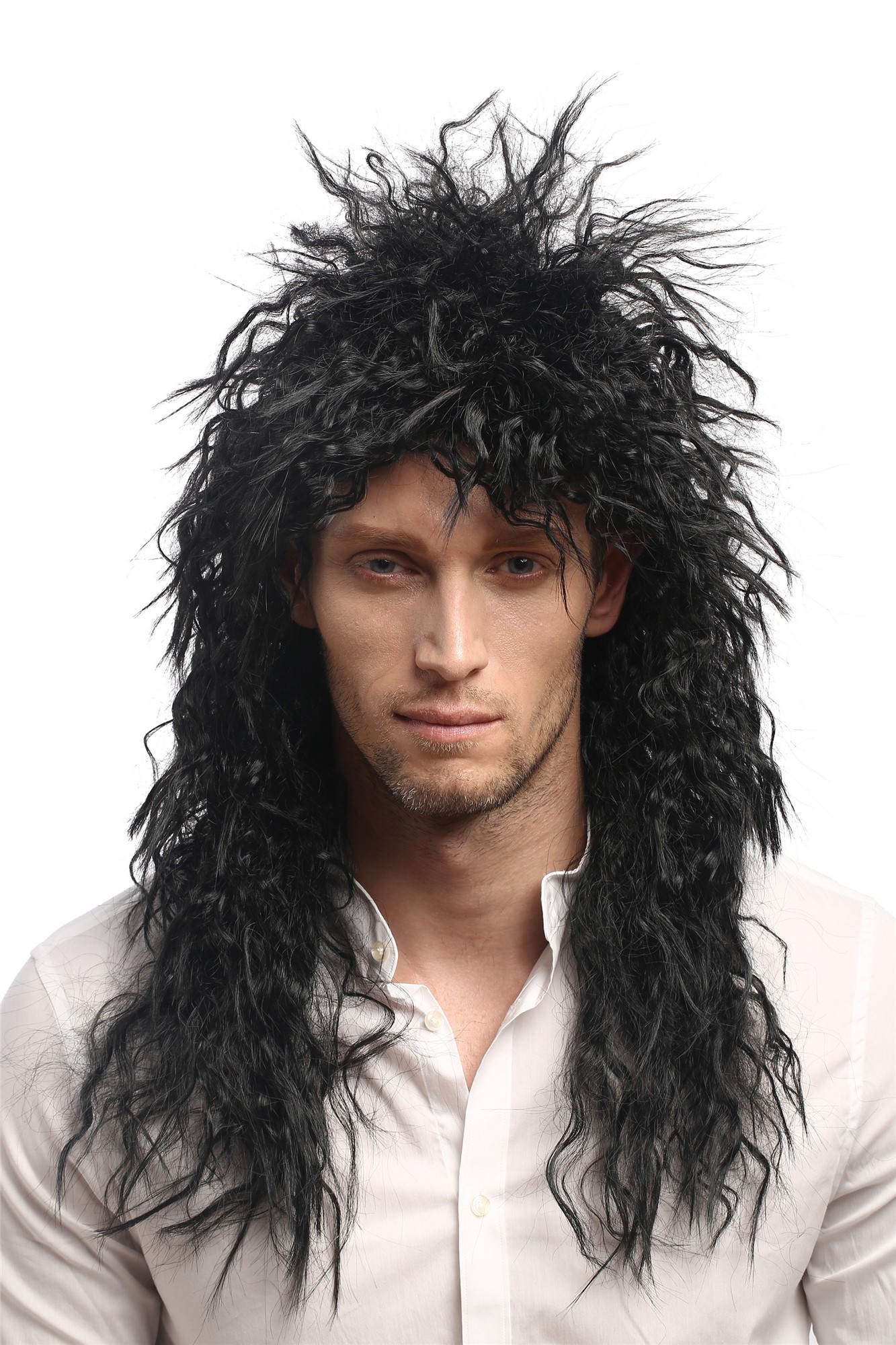 Lady Man Party Wig Fancy Dress black Lions Mane Hardrock heavy Metal mullet kinks wild volume, front view, WIG ME UP: Your Perücken Online Shop Party Wig, Unisex, Black, curled, long