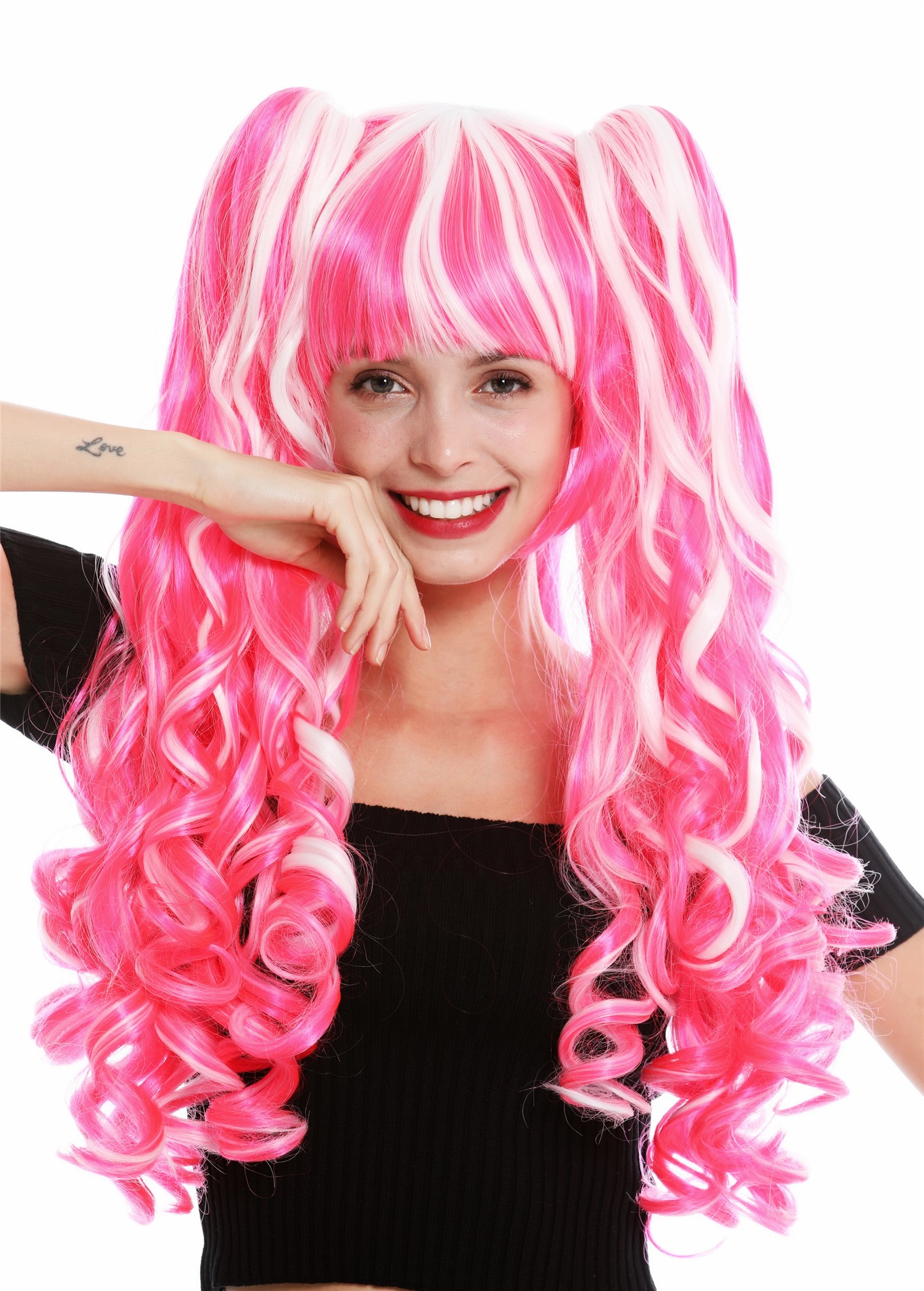 hochwertige Qualitätsperücken, Perücke Cosplay Lang Zöpfe Weiß Rosa Mix YZF-7092L+A-1001/TF2315, Ansicht 2, WIG ME UP: Ihr Perücken Online Shop lockige Tressen-Perücke mit Kopfhaut-Imitat Weiß-Rosa-Mix lange Haare für Damen