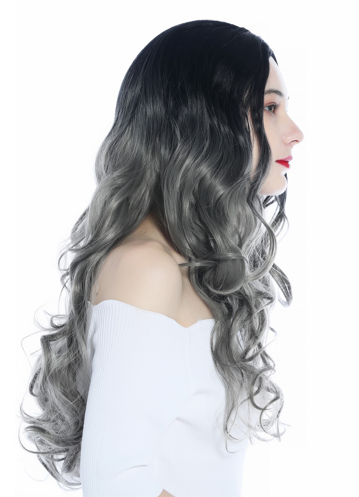 Ladies' Wig very long slightly curled middle-parting ombre black to grey ZM-1029, view 3, WIG ME UP: Your Perücken Online Shop Quality Wigs, Ladies, black-gray gradient, curled, long