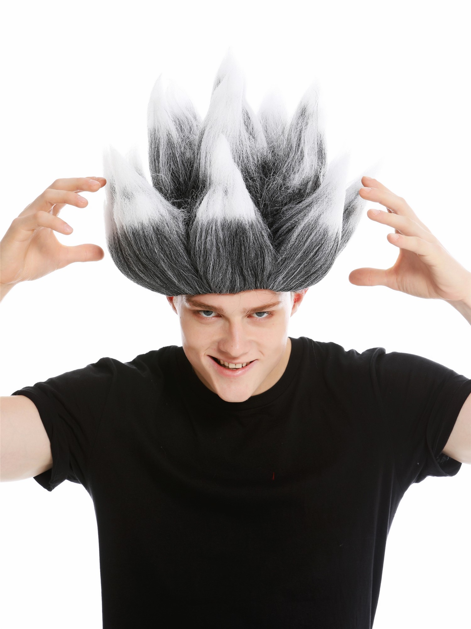 Wig men women carnival demon devil troll flower mad scientist grey white LM-19, view 3, WIG ME UP: Your Perücken Online Shop Party Wig, Unisex, Dark Gray White, wavy, short