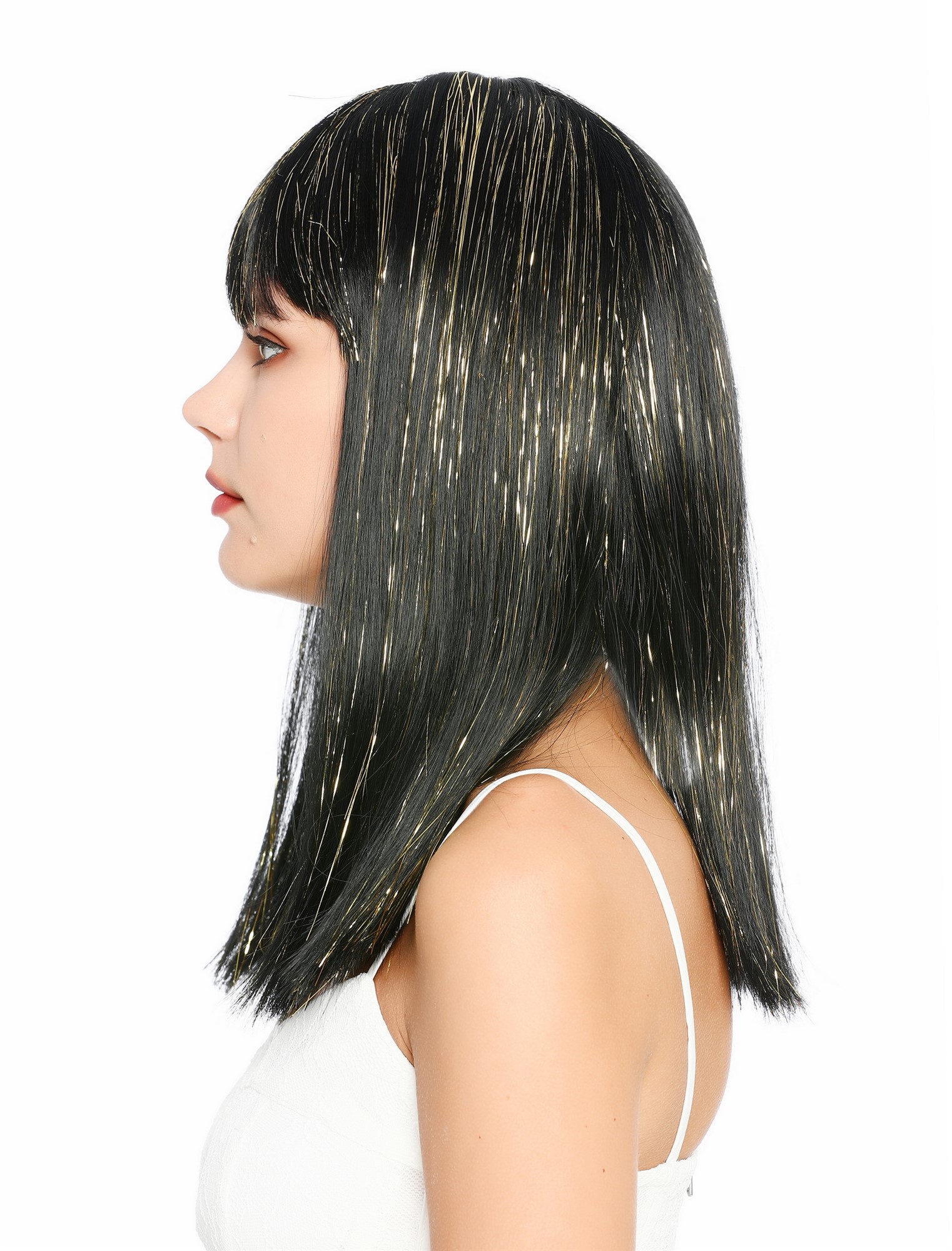 glatte Party-Perücke Schwarz mit Gold-Strähnen 50 cm lange Perücke für Damen