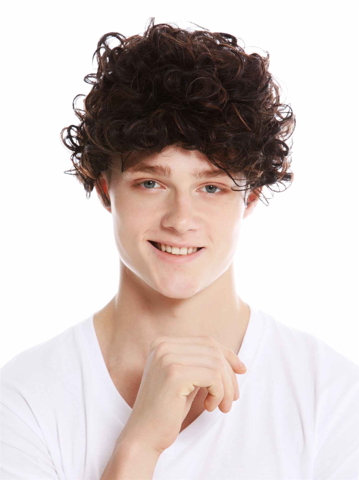 Wig short women men unisex curls curly chestnut brown mix TYL-455, front view, WIG ME UP: Your Perücken Online Shop Quality Wigs, Unisex, brown mix, curled, short