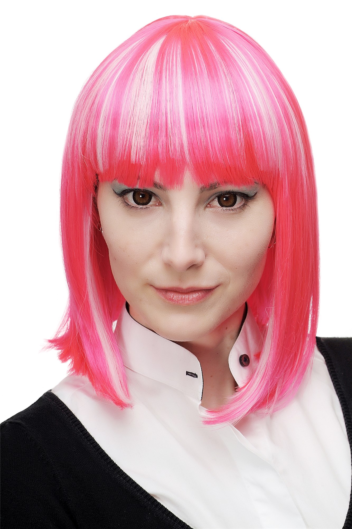 hochwertige Qualitätsperücken, Perücke Cosplay Page Pink Weiß H7862-TT-2315-1001, Vorderansicht, WIG ME UP: Ihr Perücken Online Shop glatte Tressen-Perücke mit Kopfhaut-Imitat Pink-Weißblond-Mix schulterlange Haare für Damen