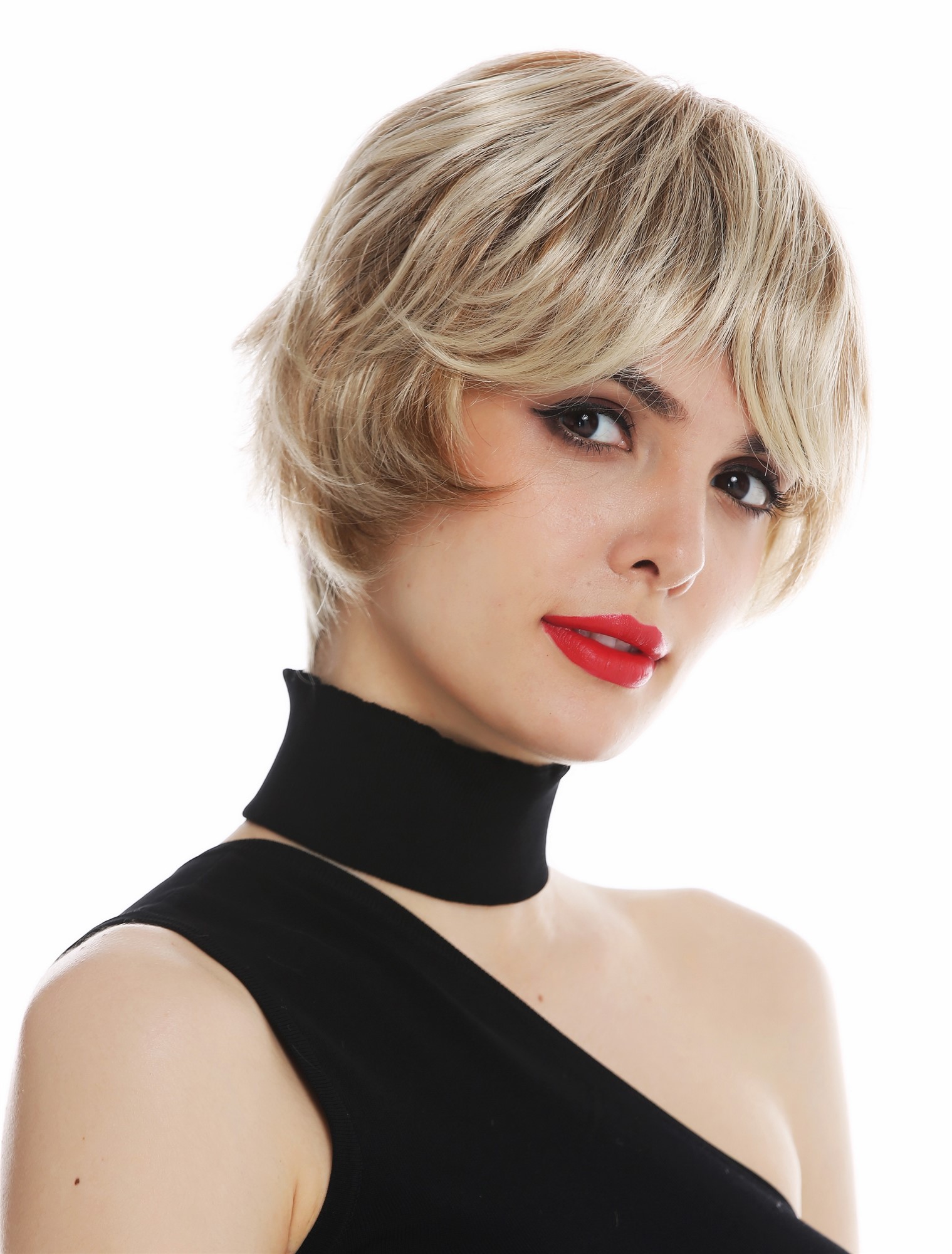 hochwertige Qualitätsperücken, Perücke vollständig handgeknüpft Monofilament kurz wellig Blond gesträhnt DW1857-FHT-MT-688H, Vorderansicht, WIG ME UP: Ihr Perücken Online Shop wellige Tressen-Perücke mit Teil-Mono Oberkopf und als Befestigung mit Klebeflächen Blond-Mix kurze Haare für Damen