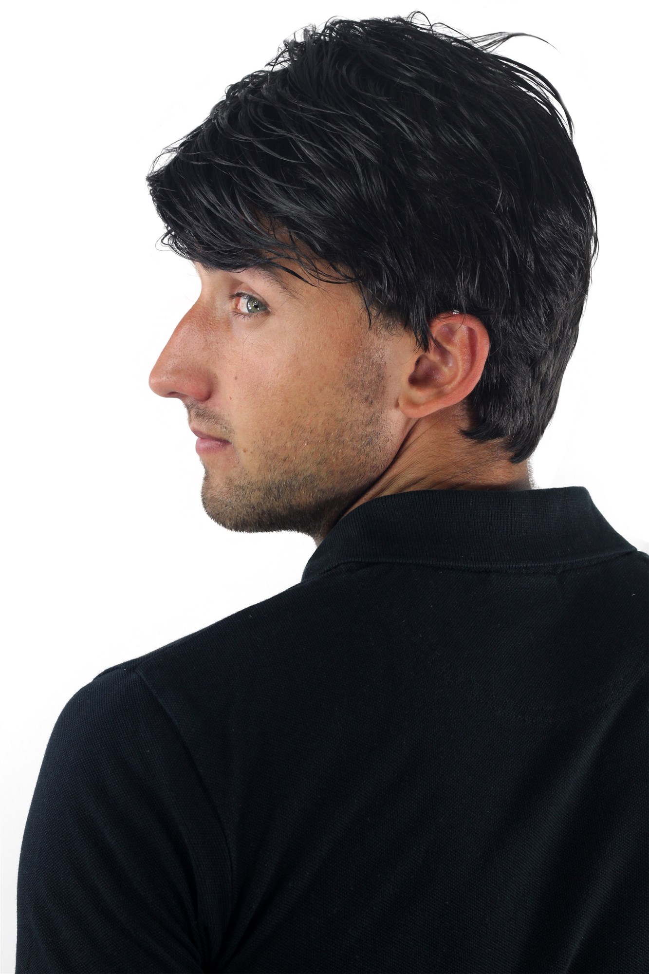 hochwertige Qualitätsperücken, Herrenperücke kurz kurzhaarig schwarz Scheitel GFW967-2, Ansicht 5, WIG ME UP: Ihr Perücken Online Shop glatte Tressen-Perücke mit Kopfhaut-Imitat Schwarzbraun kurze Haare für Herren