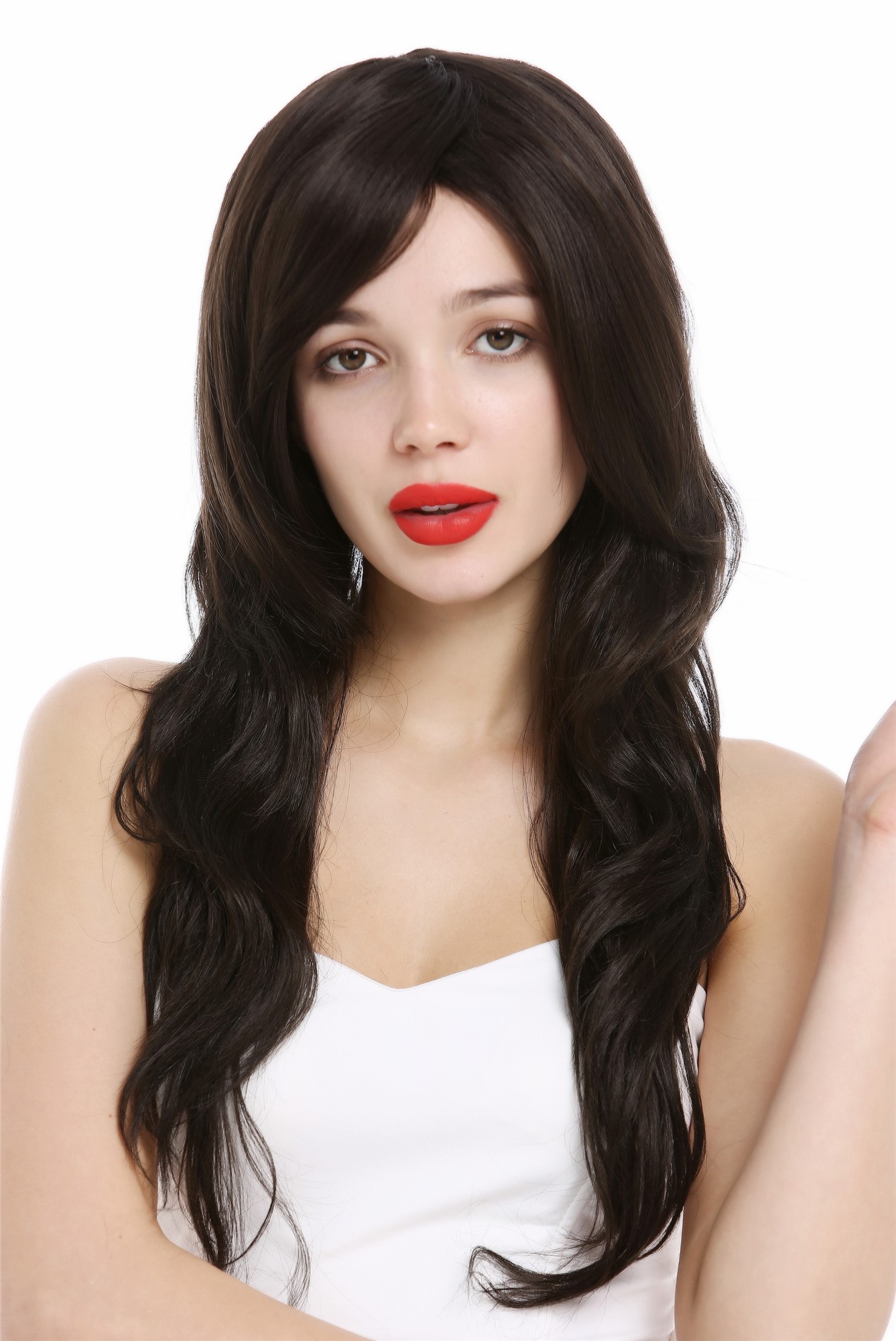 hochwertige Qualitätsperücken, Perücke lang gewellt voluminös Dunkelbraun VK-37-4, Vorderansicht, WIG ME UP: Ihr Perücken Online Shop wellige Tressen-Perücke mit Kopfhaut-Imitat Dunkelbraun lange Haare für Damen
