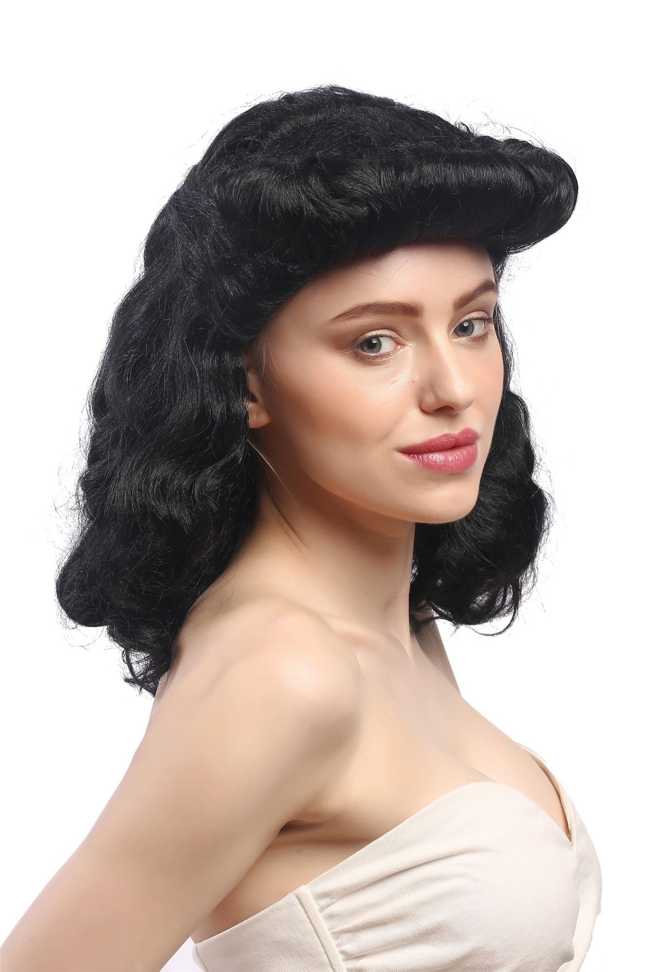günstige Party Perücke, Perücke Tolle Südstaaten Rockabilly Schwarz 91020-ZA103, Vorderansicht, WIG ME UP: Ihr Perücken Online Shop wellige Party Perücke Schwarz schulterlange Haare für Damen