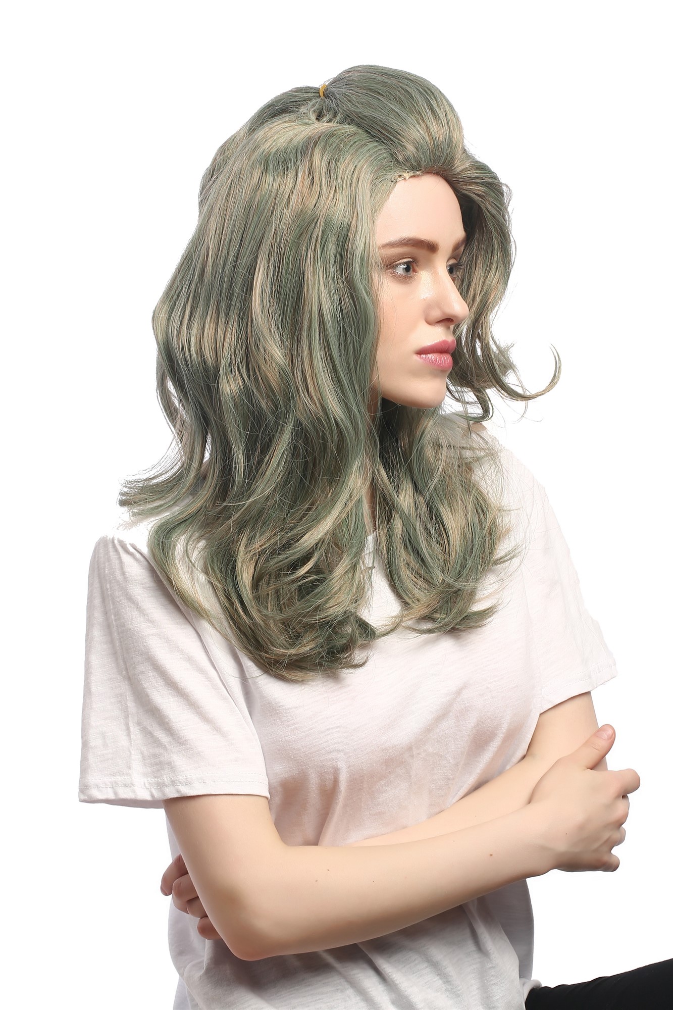 Party Wig, Ladies, Gray,Green, wavy, long