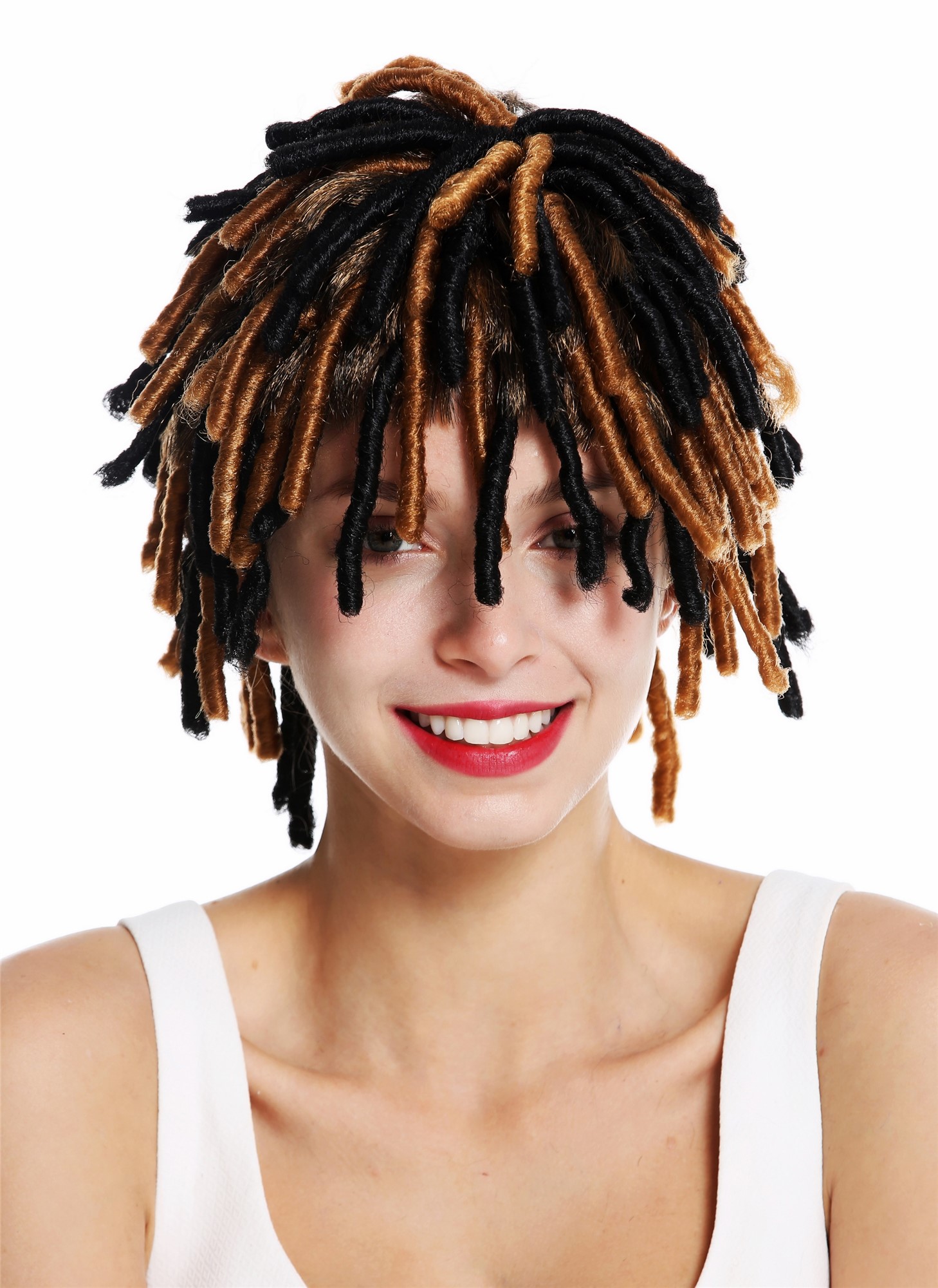 günstige Party Perücke, Perücke Karibik Afro Spirallocken Rasta Schwarz Braun DH1110-ZA36TZA103, Vorderansicht, WIG ME UP: Ihr Perücken Online Shop lockige Party Perücke Schwarz,Dunkelblond kurze Haare Unisex