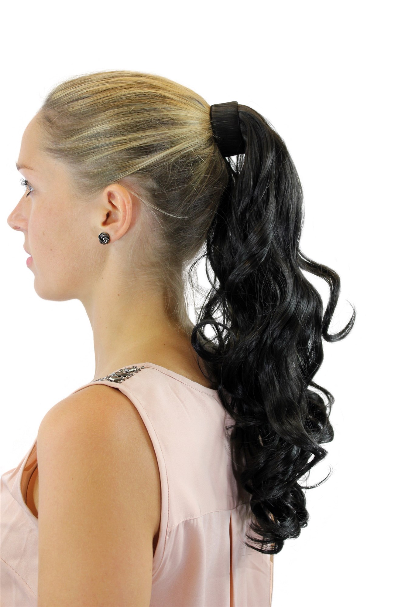 ROSY-3 Hairpiece PONYTAIL with comb and snapwrap long wavy slightly curled dark brown 18", view 2, WIG ME UP: Your Perücken Online Shop Ponytails, dark brown, wavy, shoulder-length