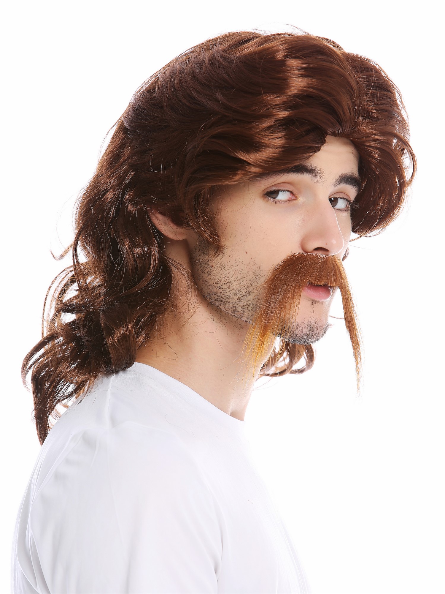 Men's Wig & Mustache Set auburn long wild Gaul Viking Celt 70s Pimp Mullet 91098, front view, WIG ME UP: Your Perücken Online Shop Party Wig, Men, Brown, wavy, shoulder-length