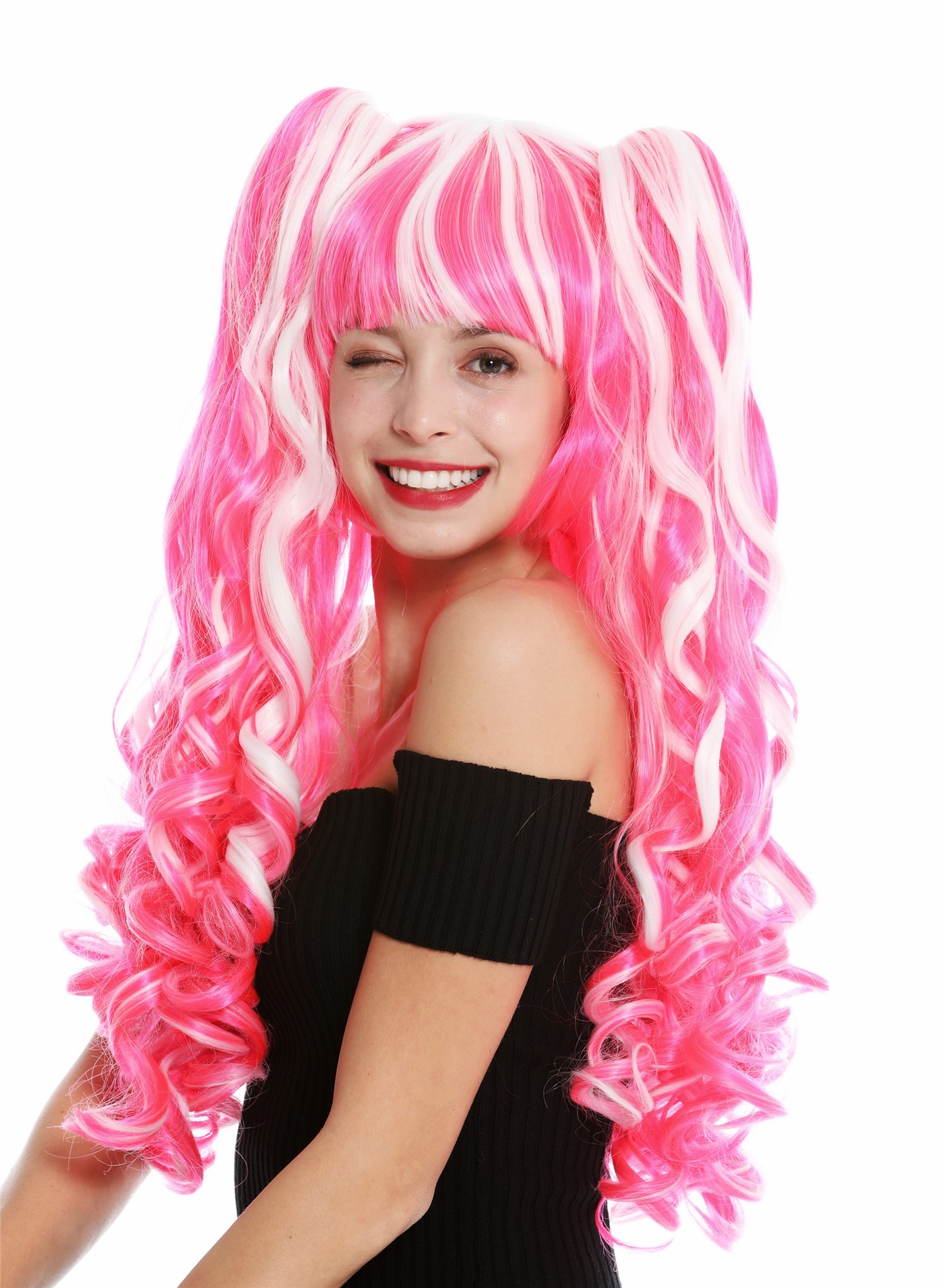 hochwertige Qualitätsperücken, Perücke Cosplay Lang Zöpfe Weiß Rosa Mix YZF-7092L+A-1001/TF2315, Vorderansicht, WIG ME UP: Ihr Perücken Online Shop lockige Tressen-Perücke mit Kopfhaut-Imitat Weiß-Rosa-Mix lange Haare für Damen