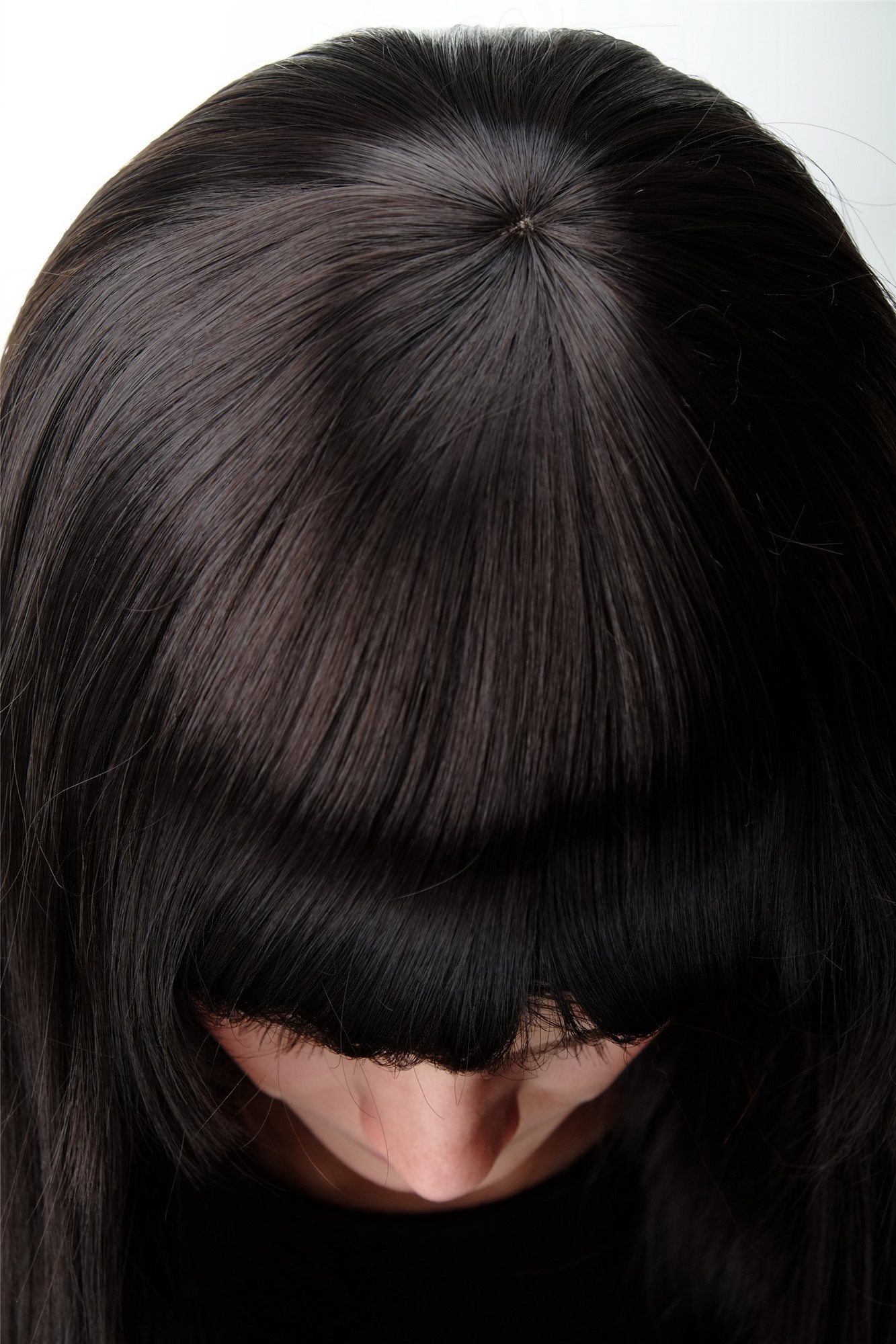 hochwertige Qualitätsperücken, Perücke schulterlang Pony glatt dunkelbraun 7122-4, Ansicht 5, WIG ME UP: Ihr Perücken Online Shop glatte Tressen-Perücke mit Kopfhaut-Imitat Braun schulterlange Haare für Damen