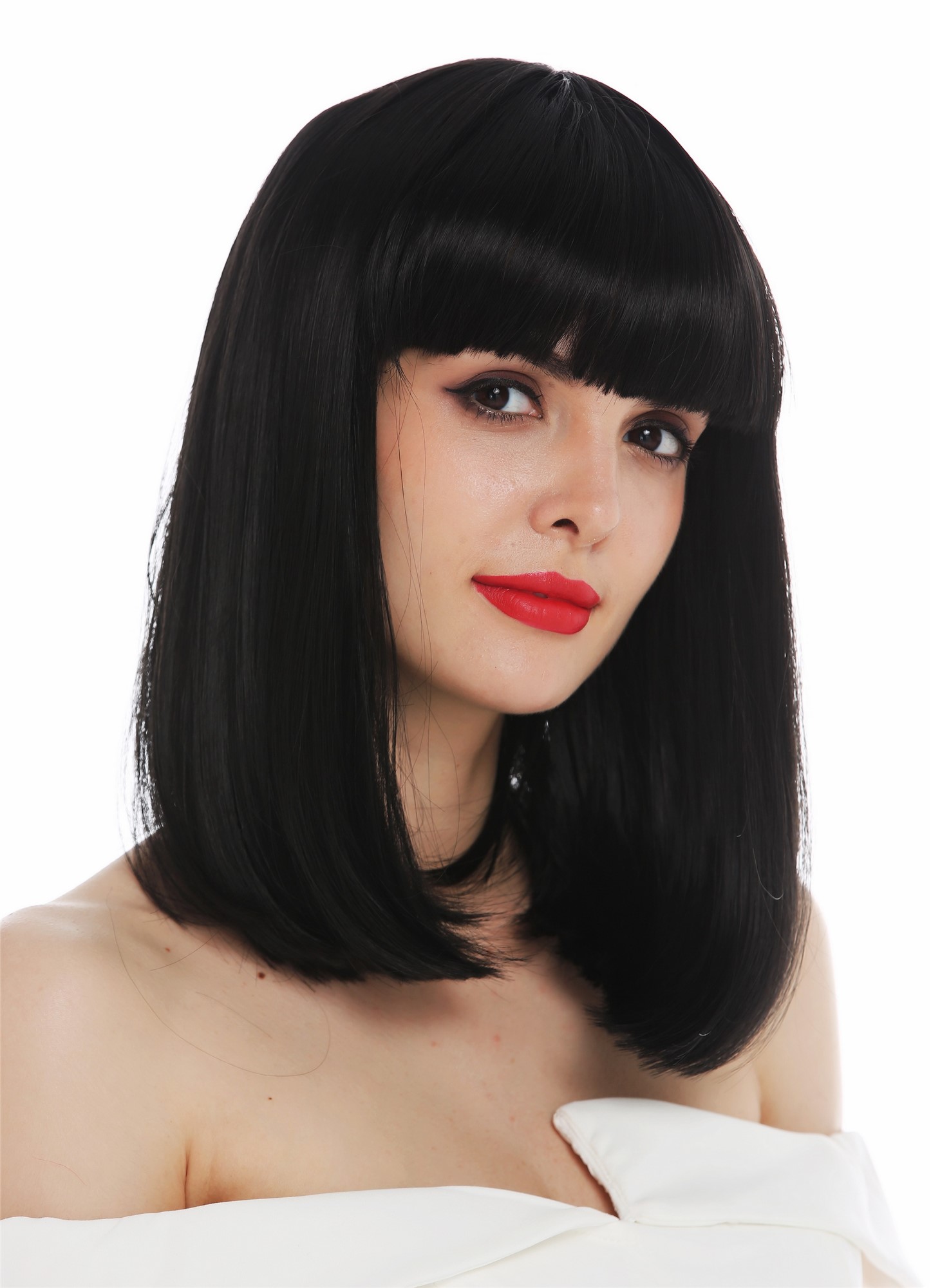 hochwertige Qualitätsperücken, Perücke schulterlang Clavi-Cut glatt Pony Schwarz VK-39-1B, Ansicht 5, WIG ME UP: Ihr Perücken Online Shop glatte Tressen-Perücke Samtschwarz schulterlange Haare für Damen