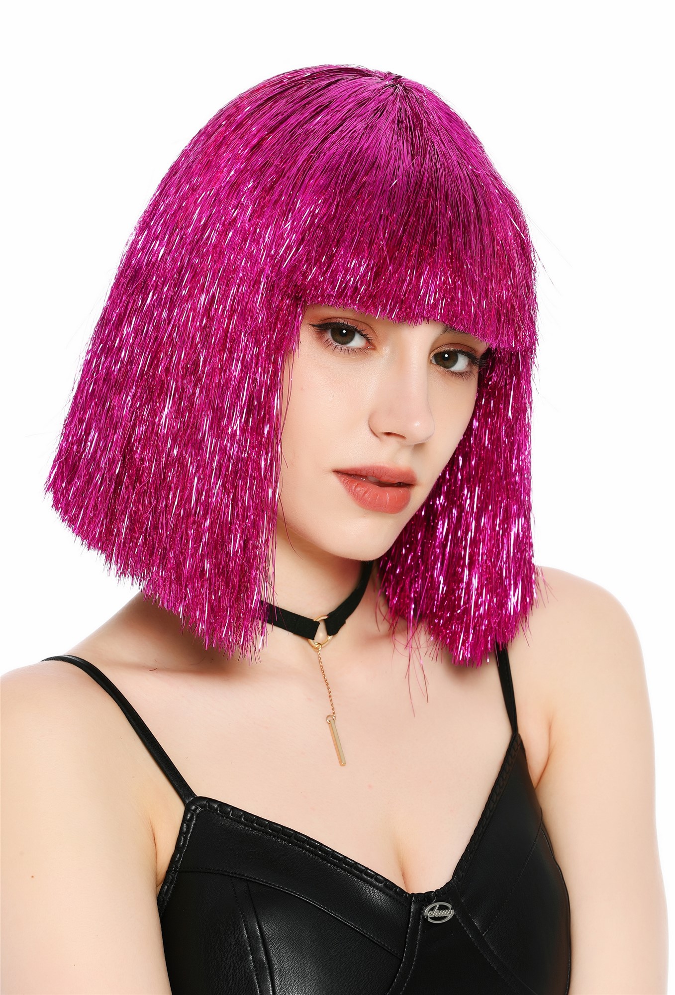 Perücke Damen Glitzer Lametta Tinsel Look Longbob Pony Disco Glam Pink Rosa VK-42-TN17