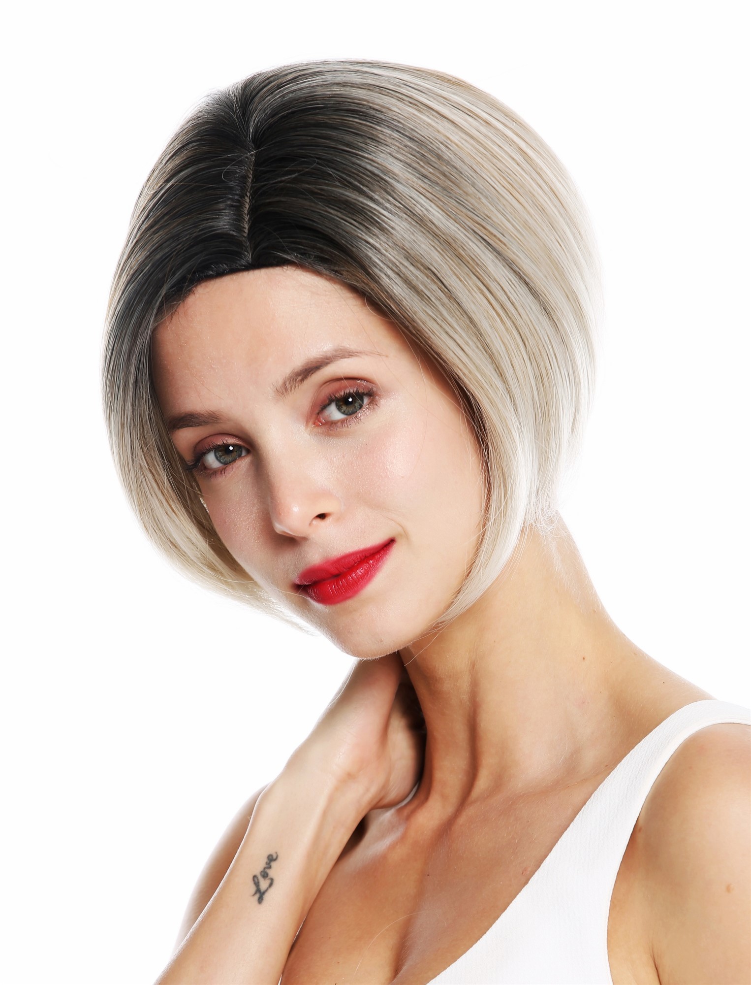 hochwertige Qualitätsperücken, Perücke kurz Bob Scheitel Ombre Blond Gesträhnt 1940-27T60R, Ansicht 3, WIG ME UP: Ihr Perücken Online Shop glatte Tressen-Perücke mit Kopfhaut-Imitat Ombre Dunkelgrau Blond-Mix kurze Haare für Damen