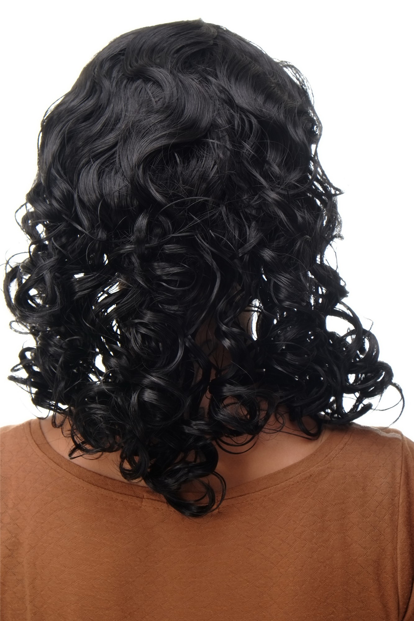 hochwertige Qualitätsperücken, Perücke Stirnband Samtschwarz Locken Schulterlang BRO-704-1B, Ansicht 4, WIG ME UP: Ihr Perücken Online Shop lockige Tressen-Perücke mit Stirnband Samtschwarz schulterlange Haare für Damen