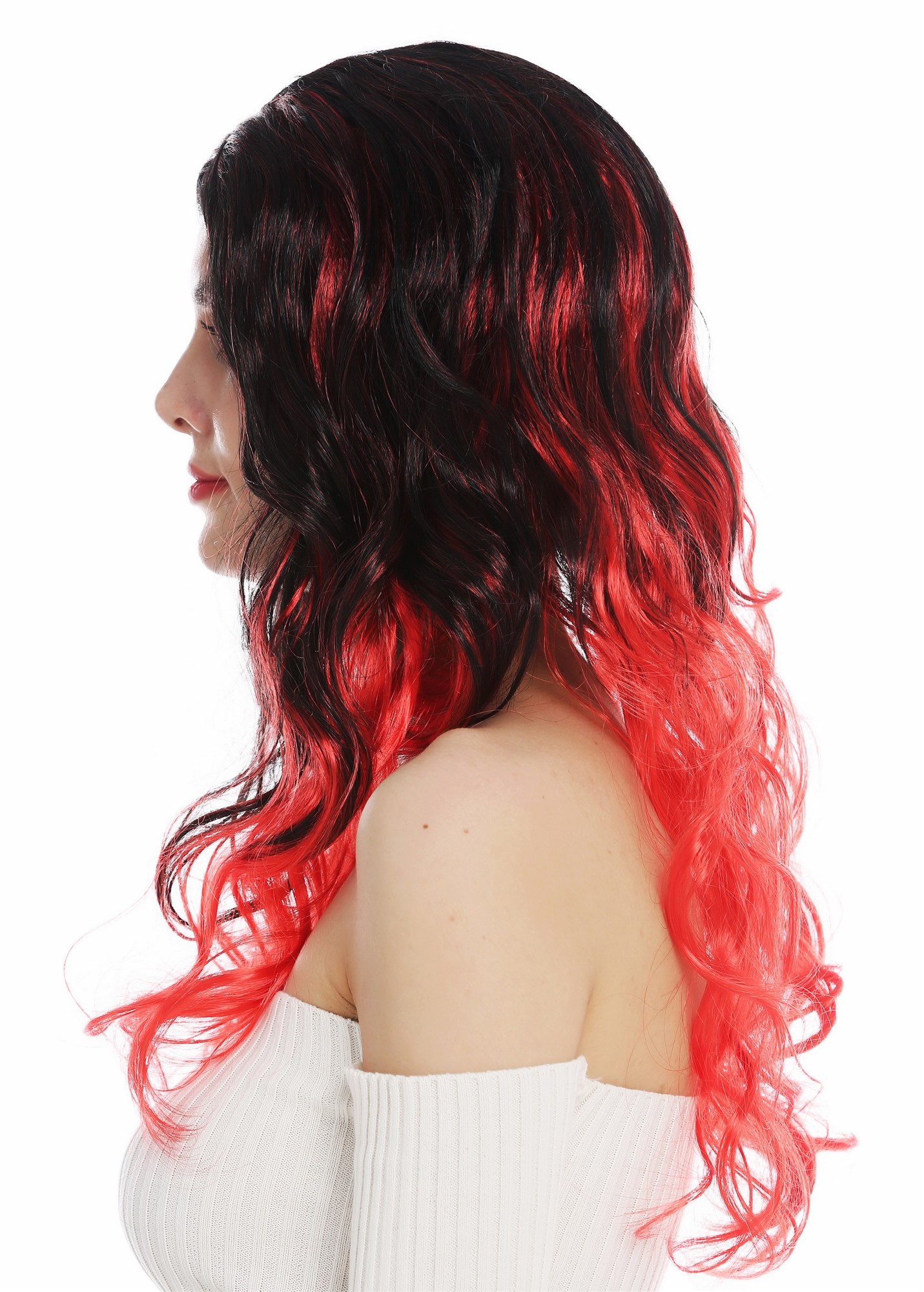 Wig Halloween women long middle parting wavy black red tips devil witch DEC203, view 3, WIG ME UP: Your Perücken Online Shop Party Wig, Ladies, deep black and bright red mix, wavy, long