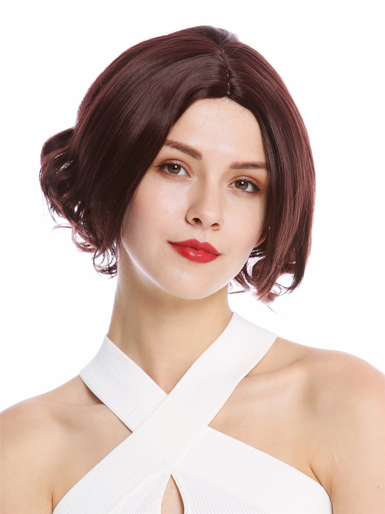 hochwertige Qualitätsperücken, Perücke kurz Longbob Mittelscheitel wellig Rotbraun YZF-4359-M33X, Vorderansicht, WIG ME UP: Ihr Perücken Online Shop wellige Tressen-Perücke mit Kopfhaut-Imitat Mahagonibraun kurze Haare für Damen