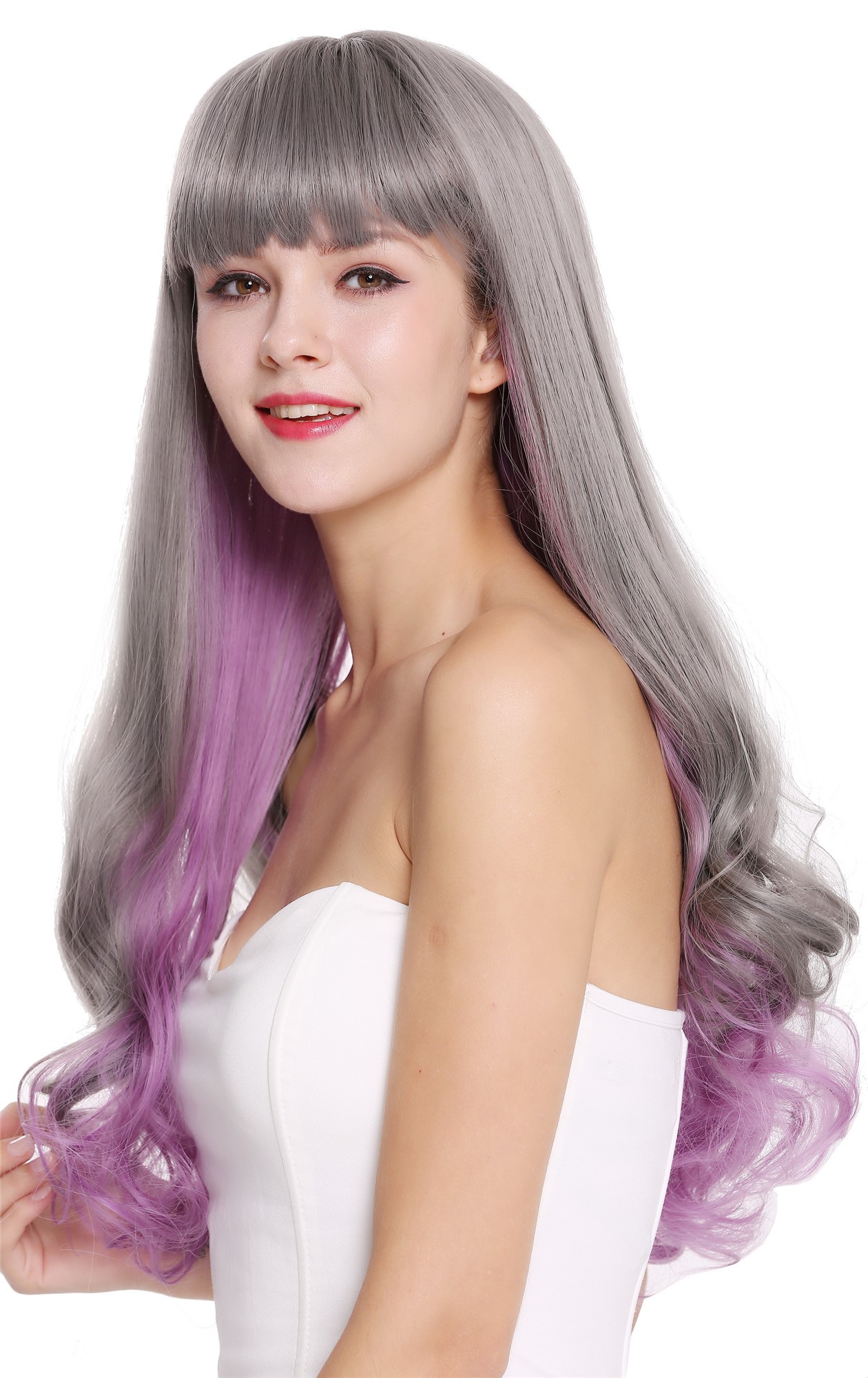 hochwertige Qualitätsperücken, Perücke Lang Glatt Lockig Pony Grau Violett D1819-10AT366, Ansicht 3, WIG ME UP: Ihr Perücken Online Shop lockige Tressen-Perücke mit Kopfhaut-Imitat Aschgrau-Indigoviolett-Mix lange Haare für Damen