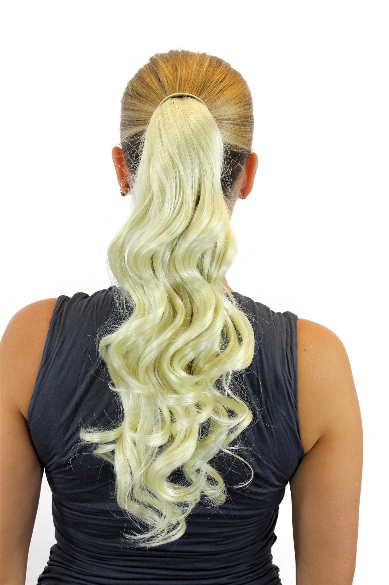 ROSY-613 Hairpiece PONYTAIL with comb and snapwrap long wavy slightly curled platinum blond 18", front view, WIG ME UP: Your Perücken Online Shop Ponytails, light blonde, wavy, shoulder-length
