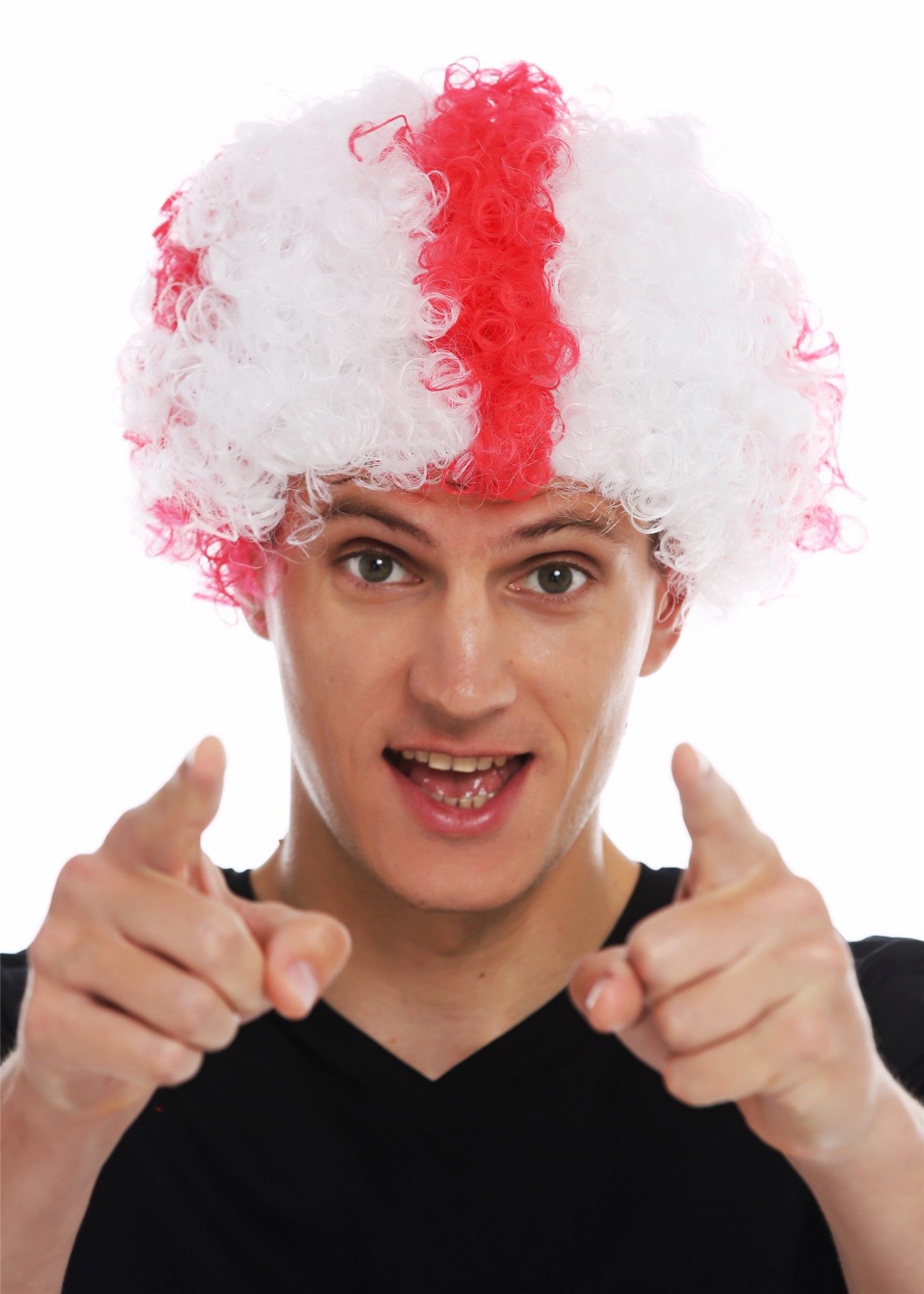 Wig afro fan-wig soccer football world cup England red cross on white MMAM-15M , front view, WIG ME UP: Your Perücken Online Shop Party Wig, Unisex, red-white mix, curled, short