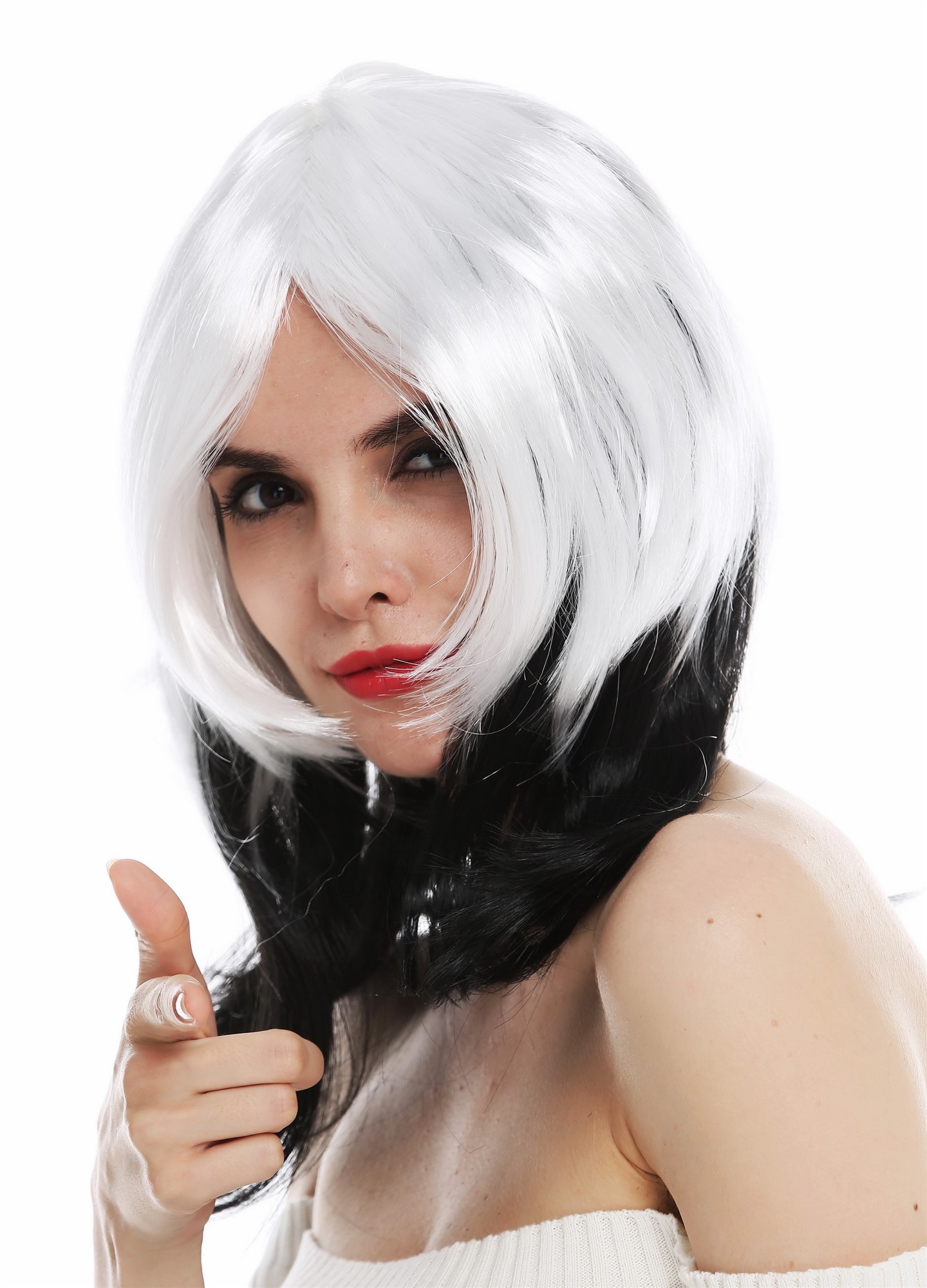 günstige Party Perücke, Perücke schwarz weiß gestuft Vamp 6820706-P103-68, Ansicht 2, WIG ME UP: Ihr Perücken Online Shop glatte Party Perücke Tiefschwarz-Weiß-Mix schulterlange Haare für Damen