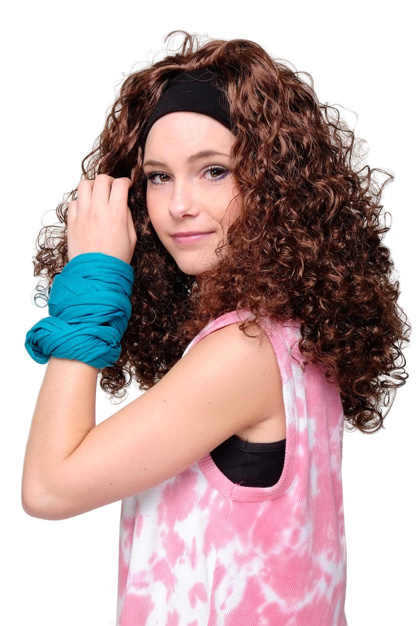 Party/Fancy Dress LATIN CARIBBEAN Vamp Lady WIG with headband (fixed to wig) BROWN CURLY curls, front view, WIG ME UP: Your Perücken Online Shop Party Wig, Ladies, Brown, curled, long