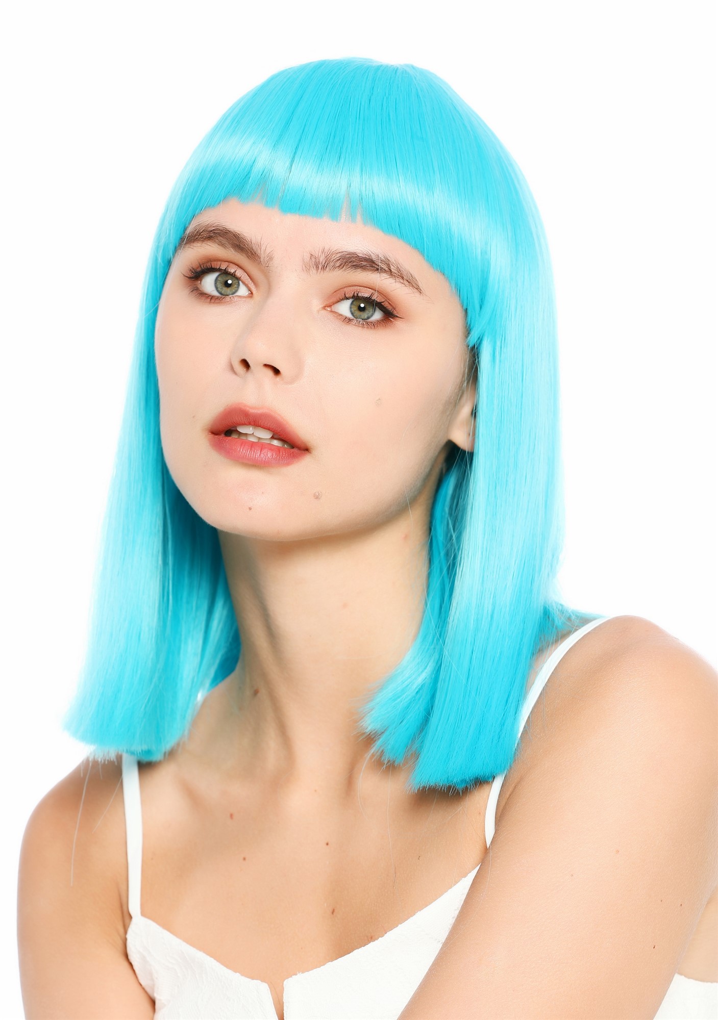 Damenperücke schulterlang blunt cut glatt breiter Pony Disco Helblau SZL1498-DHT4535