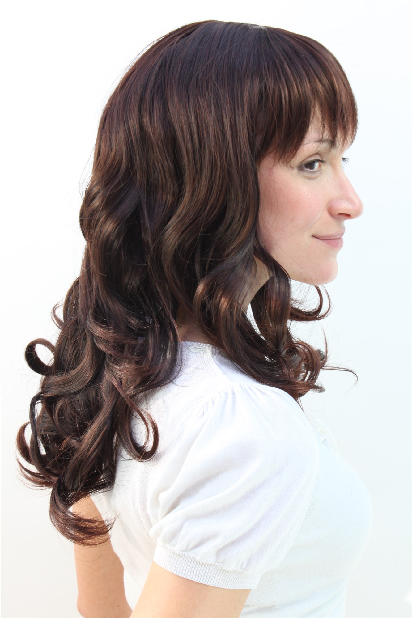 Lady women wig long beautiful curling tips fringe bangs mahogany brown mix 3001, view 2, WIG ME UP: Your Perücken Online Shop Quality Wigs, Ladies, brown mix, wavy, long