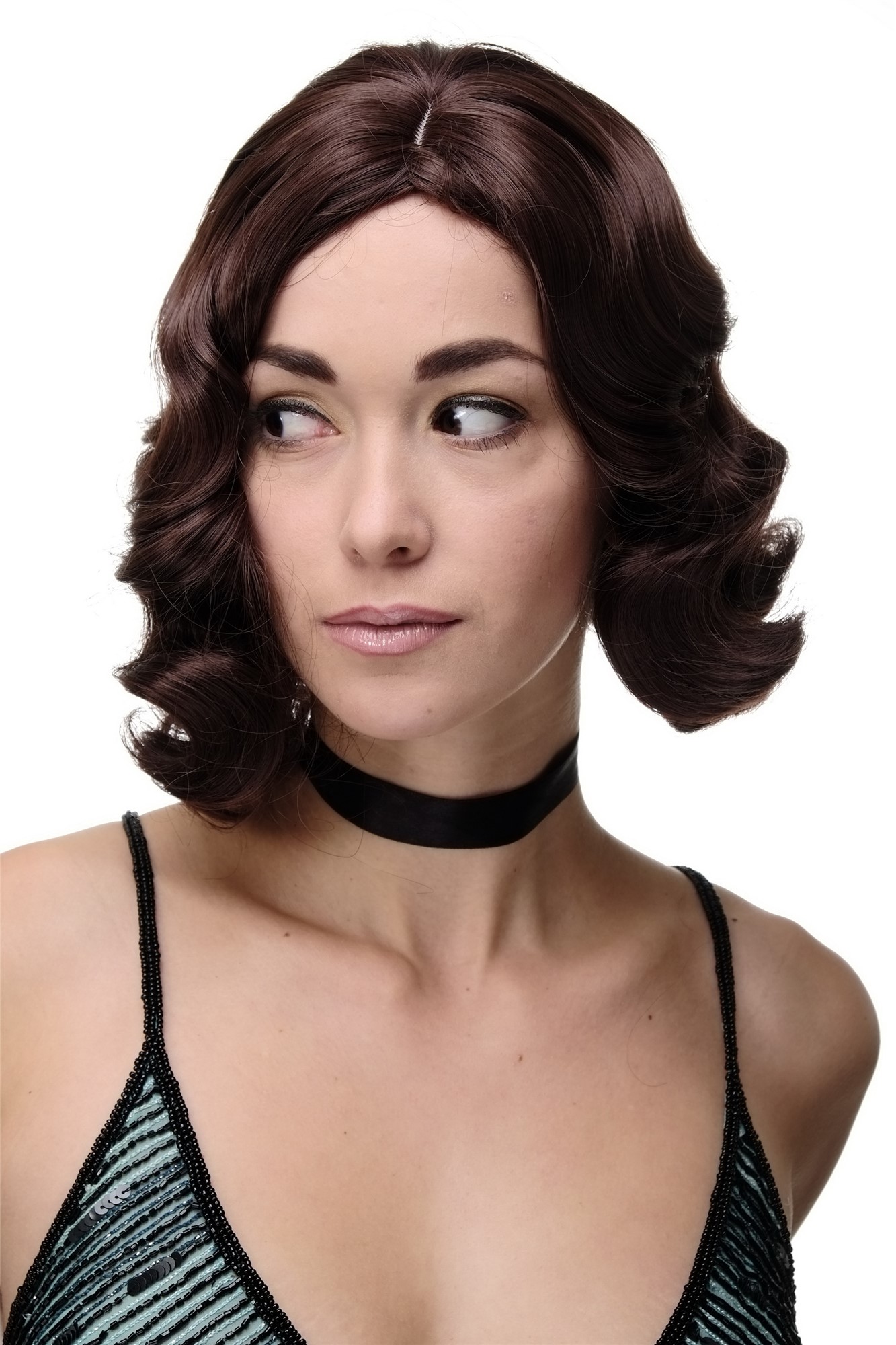 hochwertige Qualitätsperücken, Perücke 20er Jahre Swing Charleston Kastanienbraun GFW1726-33, Vorderansicht, WIG ME UP: Ihr Perücken Online Shop wellige Tressen-Perücke mit Kopfhaut-Imitat Kastanie kurze Haare für Damen